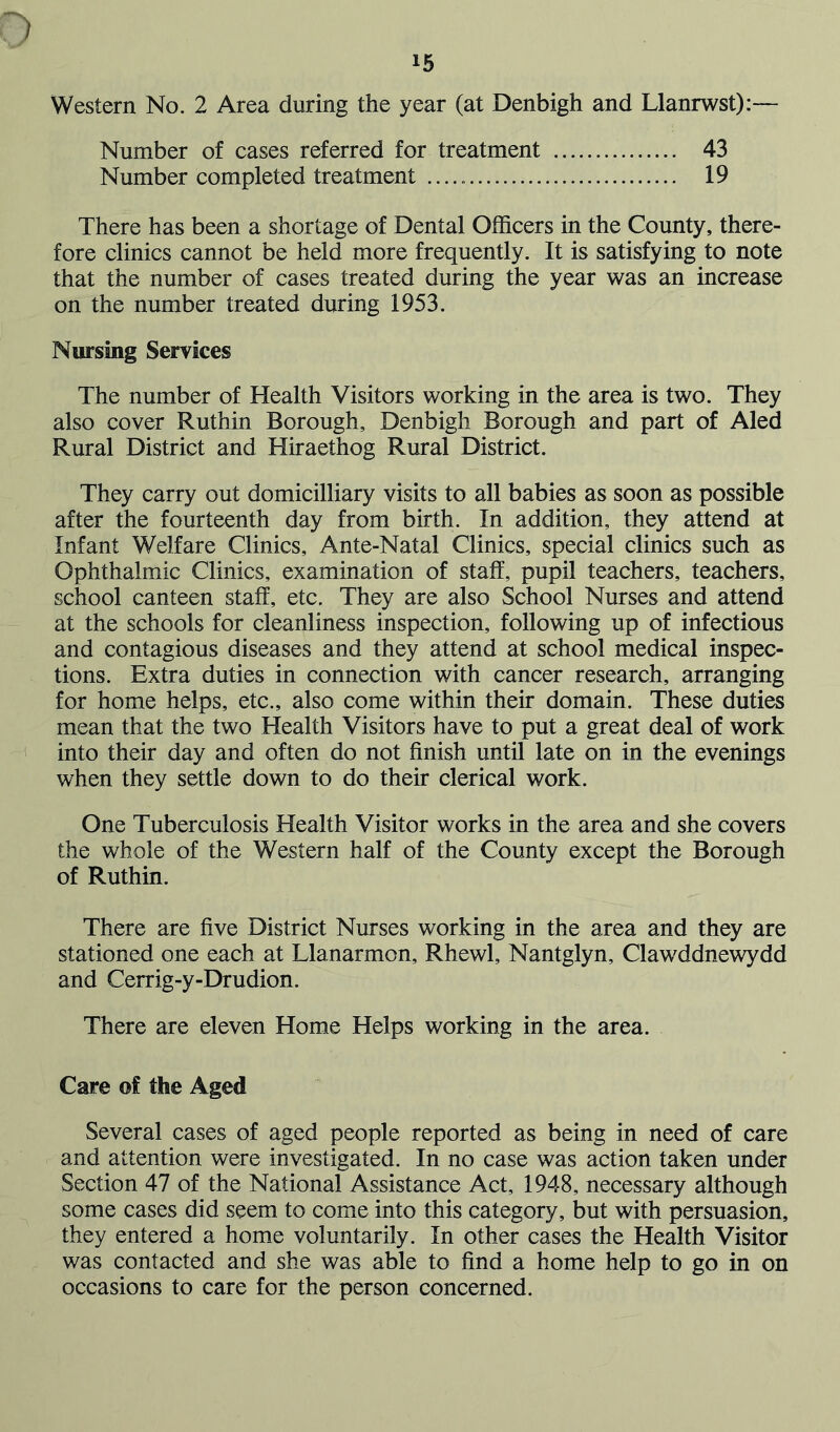 ) 15 Western No. 2 Area during the year (at Denbigh and Llanrwst):— Number of cases referred for treatment 43 Number completed treatment 19 There has been a shortage of Dental Officers in the County, there- fore clinics cannot be held more frequently. It is satisfying to note that the number of cases treated during the year was an increase on the number treated during 1953. Nursing Services The number of Health Visitors working in the area is two. They also cover Ruthin Borough, Denbigh Borough and part of Aled Rural District and Hiraethog Rural District. They carry out domicilliary visits to all babies as soon as possible after the fourteenth day from birth. In addition, they attend at Infant Welfare Clinics, Ante-Natal Clinics, special clinics such as Ophthalmic Clinics, examination of staff, pupil teachers, teachers, school canteen staff, etc. They are also School Nurses and attend at the schools for cleanliness inspection, following up of infectious and contagious diseases and they attend at school medical inspec- tions. Extra duties in connection with cancer research, arranging for home helps, etc., also come within their domain. These duties mean that the two Health Visitors have to put a great deal of work into their day and often do not finish until late on in the evenings when they settle down to do their clerical work. One Tuberculosis Health Visitor works in the area and she covers the whole of the Western half of the County except the Borough of Ruthin. There are five District Nurses working in the area and they are stationed one each at Llanarmon, Rhewl, Nantglyn, Clawddnewydd and Cerrig-y-Drudion. There are eleven Home Helps working in the area. Care of the Aged Several cases of aged people reported as being in need of care and attention were investigated. In no case was action taken under Section 47 of the National Assistance Act, 1948, necessary although some cases did seem to come into this category, but with persuasion, they entered a home voluntarily. In other cases the Health Visitor was contacted and she was able to find a home help to go in on occasions to care for the person concerned.