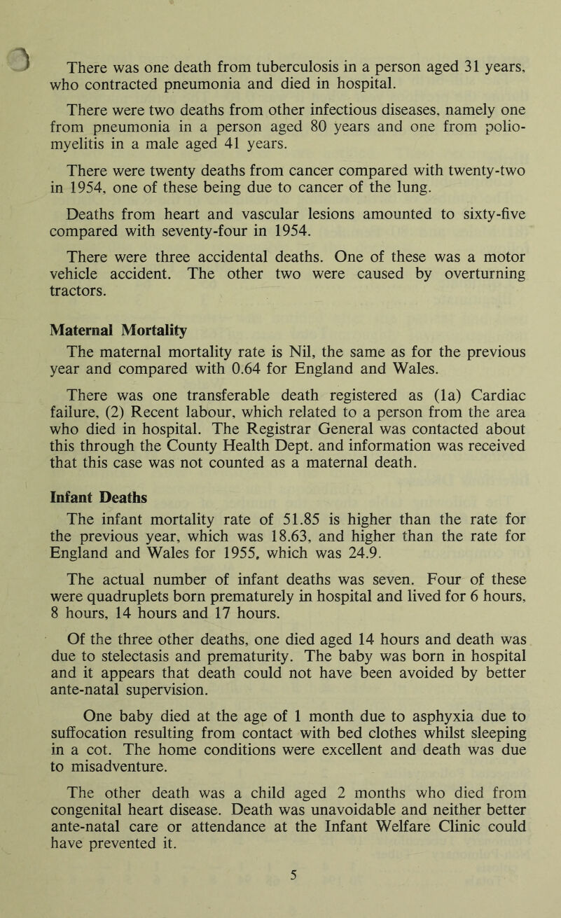 There was one death from tuberculosis in a person aged 31 years, who contracted pneumonia and died in hospital. There were two deaths from other infectious diseases, namely one from pneumonia in a person aged 80 years and one from polio- myelitis in a male aged 41 years. There were twenty deaths from cancer compared with twenty-two in 1954, one of these being due to cancer of the lung. Deaths from heart and vascular lesions amounted to sixty-five compared with seventy-four in 1954. There were three accidental deaths. One of these was a motor vehicle accident. The other two were caused by overturning tractors. Maternal Mortality The maternal mortality rate is Nil, the same as for the previous year and compared with 0.64 for England and Wales. There was one transferable death registered as (la) Cardiac failure, (2) Recent labour, which related to a person from the area who died in hospital. The Registrar General was contacted about this through the County Health Dept, and information was received that this case was not counted as a maternal death. Infant Deaths The infant mortality rate of 51.85 is higher than the rate for the previous year, which was 18.63, and higher than the rate for England and Wales for 1955. which was 24.9. The actual number of infant deaths was seven. Four of these were quadruplets born prematurely in hospital and lived for 6 hours, 8 hours, 14 hours and 17 hours. Of the three other deaths, one died aged 14 hours and death was due to stelectasis and prematurity. The baby was born in hospital and it appears that death could not have been avoided by better ante-natal supervision. One baby died at the age of 1 month due to asphyxia due to suffocation resulting from contact with bed clothes whilst sleeping in a cot. The home conditions were excellent and death was due to misadventure. The other death was a child aged 2 months who died from congenital heart disease. Death was unavoidable and neither better ante-natal care or attendance at the Infant Welfare Clinic could have prevented it.