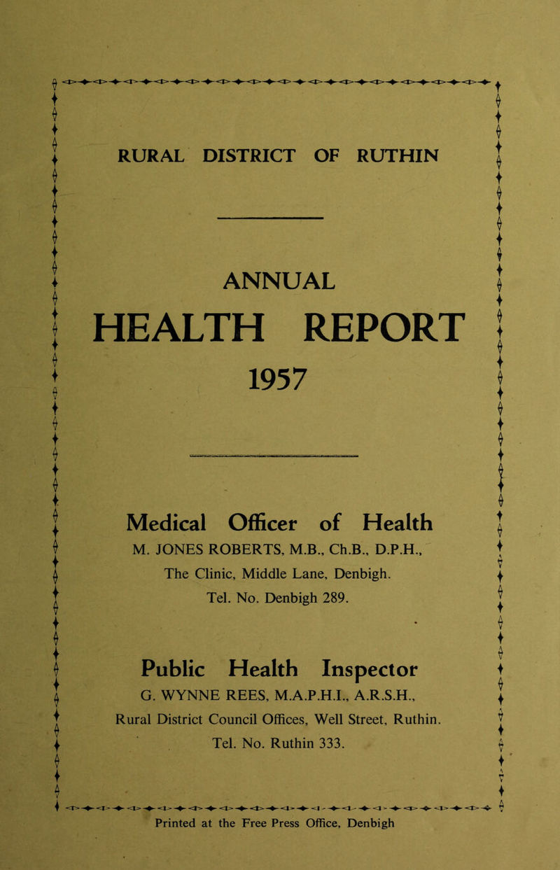 ANNUAL HEALTH REPORT 1957 Medical Officer of Health M. JONES ROBERTS, M.B., Ch.B., D.P.H., The Clinic, Middle Lane, Denbigh. Tel. No. Denbigh 289. Public Health Inspector G. WYNNE REES, M.A.P.H.I., A.R.S.H., Rural District Council Offices, Well Street, Ruthin. Tel. No. Ruthin 333. <t> <1 - <1 - <3 > <r=» <!>-♦■ <I>-4- Printed at the Free Press Office, Denbigh
