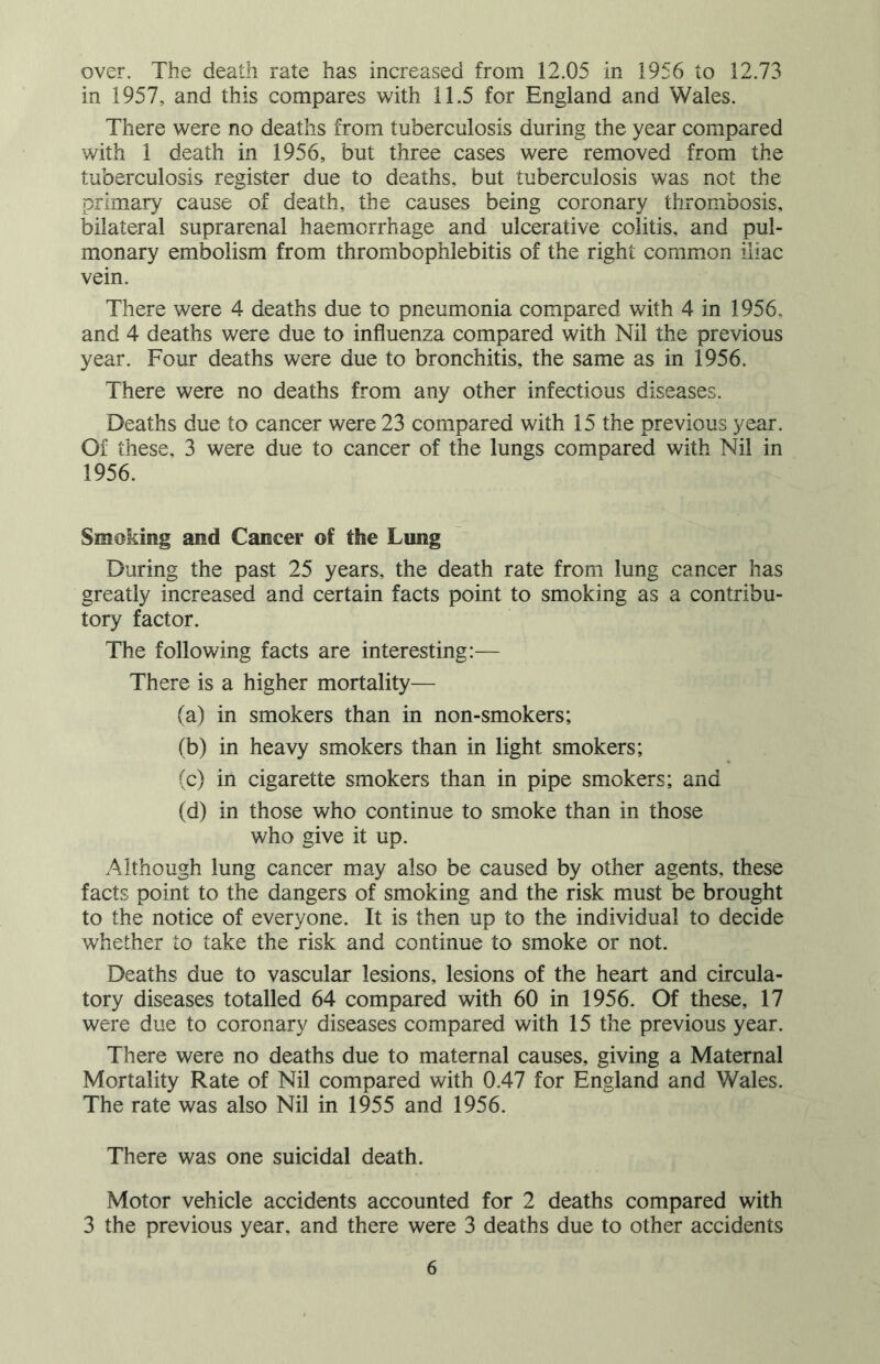 over. The death rate has increased from 12.05 in 1956 to 12.73 in 1957, and this compares with 11.5 for England and Wales. There were no deaths from tuberculosis during the year compared with 1 death in 1956, but three cases were removed from the tuberculosis register due to deaths, but tuberculosis was not the primary cause of death, the causes being coronary thrombosis, bilateral suprarenal haemorrhage and ulcerative colitis, and pul- monary embolism from thrombophlebitis of the right common iliac vein. There were 4 deaths due to pneumonia compared with 4 in 1956. and 4 deaths were due to influenza compared with Nil the previous year. Four deaths were due to bronchitis, the same as in 1956. There were no deaths from any other infectious diseases. Deaths due to cancer were 23 compared with 15 the previous year. Of these, 3 were due to cancer of the lungs compared with Nil in 1956. Smoking and Cancer of the Lung During the past 25 years, the death rate from lung cancer has greatly increased and certain facts point to smoking as a contribu- tory factor. The following facts are interesting:— There is a higher mortality— (a) in smokers than in non-smokers; (b) in heavy smokers than in light smokers; (c) in cigarette smokers than in pipe smokers; and (d) in those who continue to smoke than in those who give it up. Although lung cancer may also be caused by other agents, these facts point to the dangers of smoking and the risk must be brought to the notice of everyone. It is then up to the individual to decide whether to take the risk and continue to smoke or not. Deaths due to vascular lesions, lesions of the heart and circula- tory diseases totalled 64 compared with 60 in 1956. Of these, 17 were due to coronary diseases compared with 15 the previous year. There were no deaths due to maternal causes, giving a Maternal Mortality Rate of Nil compared with 0.47 for England and Wales. The rate was also Nil in 1955 and 1956. There was one suicidal death. Motor vehicle accidents accounted for 2 deaths compared with 3 the previous year, and there were 3 deaths due to other accidents