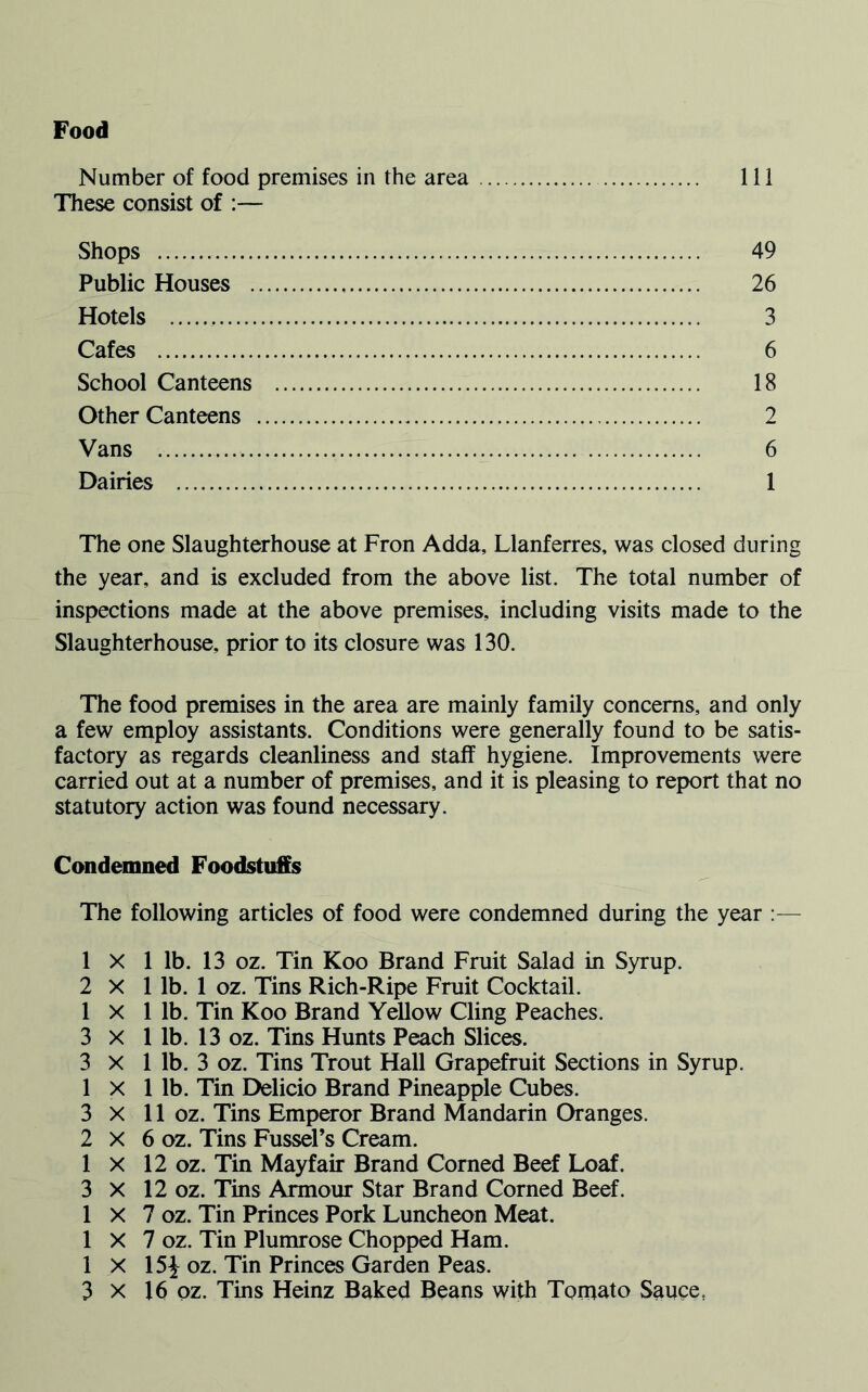 Food Number of food premises in the area Ill These consist of :— Shops 49 Public Houses 26 Hotels . 3 Cafes 6 School Canteens 18 Other Canteens 2 Vans 6 Dairies 1 The one Slaughterhouse at Fron Adda, Llanferres, was closed during the year, and is excluded from the above list. The total number of inspections made at the above premises, including visits made to the Slaughterhouse, prior to its closure was 130. The food premises in the area are mainly family concerns, and only a few employ assistants. Conditions were generally found to be satis- factory as regards cleanliness and staff hygiene. Improvements were carried out at a number of premises, and it is pleasing to report that no statutory action was found necessary. Condemned Foodstuffs The following articles of food were condemned during the year :— 1 X 1 lb. 13 oz. Tin Koo Brand Fruit Salad in Syrup. 2 X 1 lb. 1 oz. Tins Rich-Ripe Fruit Cocktail. 1 X 1 lb. Tin Koo Brand Yellow Cling Peaches. 3 X 1 lb. 13 oz. Tins Hunts Peach Slices. 3 X 1 lb. 3 oz. Tins Trout Hall Grapefruit Sections in Syrup. 1 X 1 lb. Tin Delicio Brand Pineapple Cubes. 3 X 11 oz. Tins Emperor Brand Mandarin Oranges. 2 X 6 oz. Tins Fussel’s Cream. 1 X 12 oz. Tin Mayfair Brand Corned Beef Loaf. 3 X 12 oz. Tins Armour Star Brand Corned Beef. 1 X 7 oz. Tin Princes Pork Luncheon Meat. 1 X 7 oz. Tin Plumrose Chopped Ham. 1 X 15J oz. Tin Princes Garden Peas,