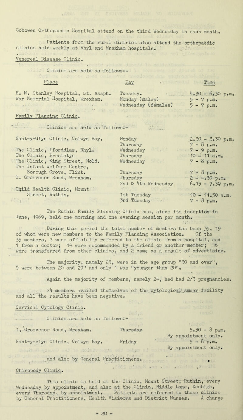 Gobowerx Orthopaedic Hospital attend on the third Wednesday in each month. Patients from the rural district also attend the orthopaedic clinics held weekly at Khyl and Wrexham hospitals. , ‘ ' Venereal Disease Clinic, Clinics are held as follows:- Place Day Time H, M, Stanley Hospital, St. Asaph, Tuesday. . , .. 4,30 - 6,30 p.m War Memorial Hospital, Wrexham. Monday (males) 5-7 p.m. t'' Wednesday (females) 5-7 p.m. Family Planning Clinic. ~ • Clinics-are- held as foilows: Nant-y-Glyn Clinic, Colwyn Bay, Monday .2.30 - 3.30 p.m Thursday 7-8 p.m. The Clinic, Fforddlas, Rhyl, Wednesday 7-9 p.m. The Clinic, Prestatyn Thursday 10 - 11 a.m. The Clinic, King Street, Mold, Wednesday 7-8 p.m. The Infant Welfare Centre, Borough Grove, Flint, Thursday 7-8 p.m. 1, Grosvenor Road, Wrexham, Thursday 2 - 4.30 p.m. 2nd & 4th Wednesday 6,15 - 7.30 p.m Child Health Clinic, Mount Street, Ruthin. 1st Tuesday 10-11,30 a.m. ! 3rd Tuesday 7-8 p.m. The Ruthin Family Plannin g Clinic has, since its inception in June, 1969, held one morning and one evening session per month. During this period the total number of members has been 351 19 of whom were new members to the Family Planning Association. Of the 33 members, 2 were officially referred to the clinic from a hospital, and 1 from a doctor; were recommended by a friend or another member; 16 were transferred from other clinics, and 2 came as a result of- advertising. The majority, namely 25, were in the age group 30 and over, 9 were between 20 and 29” and only 1 was younger than 20, Again the majority of members, namely 24, had had 2/3 pregnancies. 24 members availed themselves'pf the,cytplogioalLsmear facility and all the results have been negative. Cervical Cytology Clinic. Clinics are held as follows:- 1 ,...Grosvenor Road, Wrexham. Thursday Nant-y-glyn Clinic, Colwyn Bay, Friday ^ and also by General Practitioners, Chiropody Clinic. This clinic is held at the Clinic, Mount Street,''Ruthin, OVbry Wednesday by appointment, and also at the Clinic, Middle Lane, Denbigh, every Thursday, by appointment. Patients are referred to these clinics by General Practitioners, Health Visitors and District Nurses, A charge 5*30 - 8 p.m. By appointment only. • - 3- 8“p.m. By appointment only.