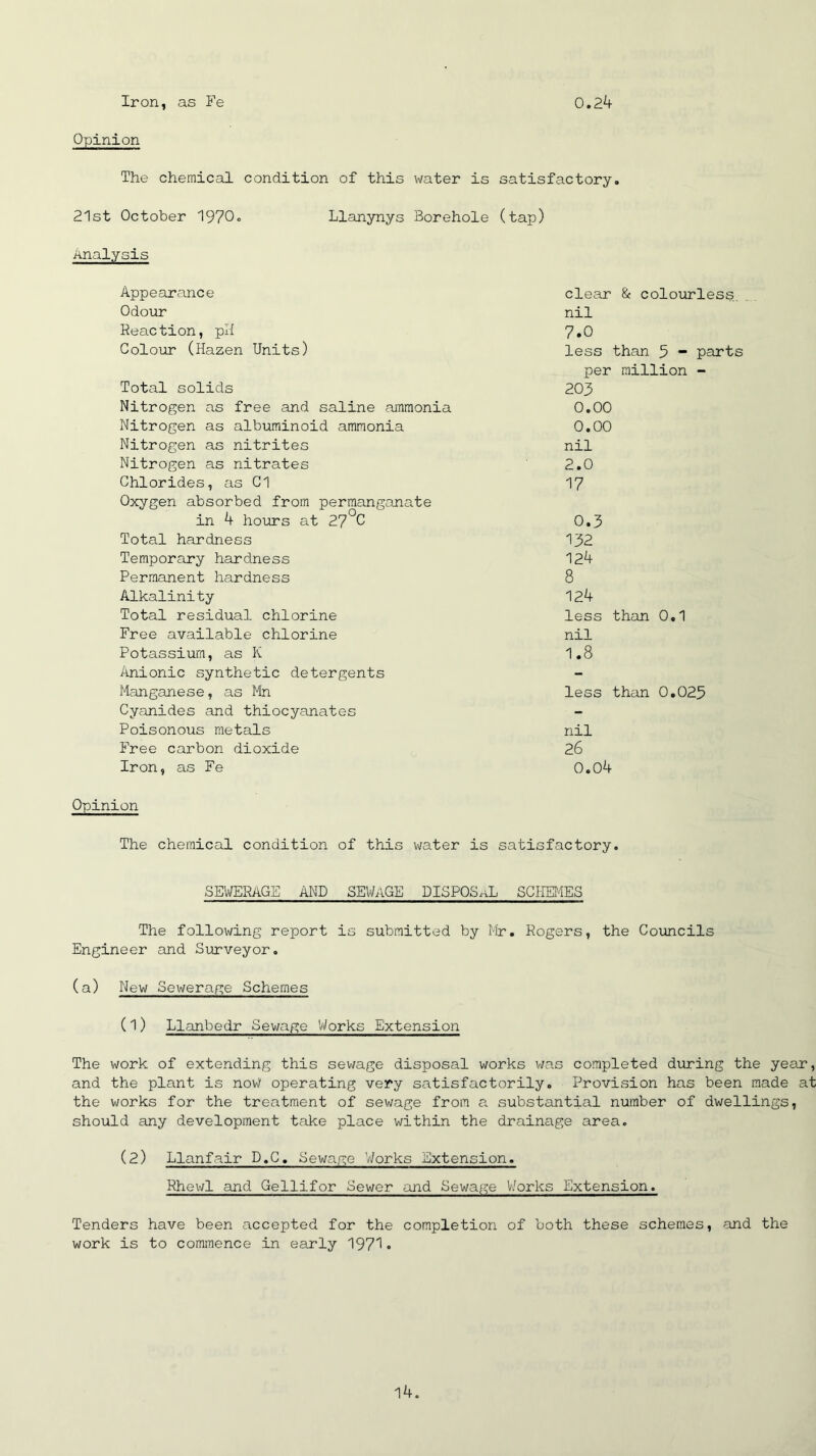 Iron, as Fe 0.24 Opinion The chemical condition of this water is satisfactory. 21st October 1970. Llanynys Borehole (tap) Analysis Appearance Odour Reaction, pH Colour (Hazen Units) Total solids Nitrogen as free and saline ammonia Nitrogen as albuminoid ammonia Nitrogen as nitrites Nitrogen as nitrates Chlorides, as Cl Oxygen absorbed from permanganate in 4 hours at 27°C Total hardness Temporary hardness Permanent hardness Alkalinity Total residual chlorine Free available chlorine Potassium, as K Anionic synthetic detergents Manganese, as Mn Cyanides and thiocyanates Poisonous metals Free carbon dioxide Iron, as Fe Opinion The chemical condition of this water is satisfactory. SEWERAGE AND SEWAGE DISPOSAL SCHEMES clear & colourless nil 7.0 less than 5 “ parts per million - 203 0.00 0.00 nil 2.0 17 0.3 132 124 8 124 less than 0.1 nil 1.8 less than 0.025 nil 26 0.04 The following report is submitted by Mr. Rogers, the Councils Engineer and Surveyor. (a) New Sewerage Schemes (1) Llanbedr Sewage 'Works Extension The work of extending this sewage disposal works was completed during the year, and the plant is noW operating very satisfactorily. Provision has been made at the works for the treatment of sewage from a substantial number of dwellings, should any development take place within the drainage area. (2) Llanfair D.C. Sewage 'Works Extension. Rhewl and Gellifor Sewer and Sewage Works Extension. Tenders have been accepted for the completion of both these schemes, and the work is to commence in early 197^•