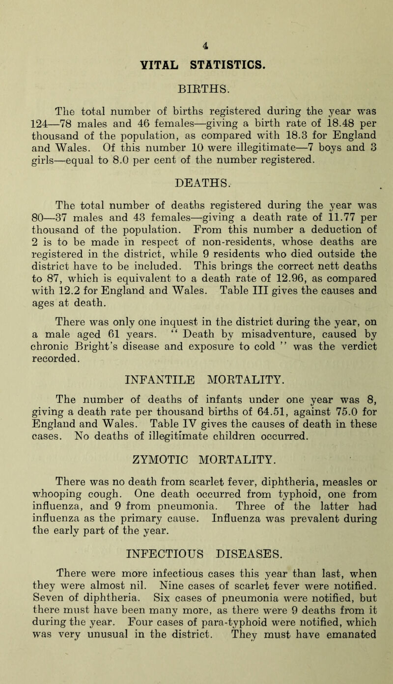 VITAL STATISTICS. BIRTHS. The total number of births registered during the year was 124—78 males and 46 females—giving a birth rate of 18.48 per thousand of the population, as compared with 18.3 for England and Wales. Of this number 10 were illegitimate—7 boys and 3 girls—equal to 8.0 per cent of the number registered. DEATHS. The total number of deaths registered during the year was 80—37 males and 43 females—giving a death rate of 11.77 per thousand of the population. From this number a deduction of 2 is to be made in respect of non-residents, whose deaths are registered in the district, while 9 residents who died outside the district have to be included. This brings the correct nett deaths to 87, which is equivalent to a death rate of 12.96, as compared with 12.2 for England and Wales. Table III gives the causes and ages at death. There was only one inquest in the district during the year, on a male aged 61 years. “ Death by misadventure, caused by chronic Bright’s disease and exposure to cold ” was the verdict recorded. INFANTILE MORTALITY. The number of deaths of infants under one year was 8, giving a death rate per thousand births of 64.51, against 75.0 for England and Wales. Table IV gives the causes of death in these cases. No deaths of illegitimate children occurred. ZYMOTIC MORTALITY. There was no death from scarlet fever, diphtheria, measles or whooping cough. One death occurred from typhoid, one from influenza, and 9 from pneumonia. Three of the latter had influenza as the primary cause. Influenza was prevalent during the early part of the year. INFECTIOUS DISEASES. There were more infectious cases this year than last, when they were almost nil. Nine cases of scarlet fever were notified. Seven of diphtheria. Six cases of pneumonia were notified, but there must have been many more, as there were 9 deaths from it during the year. Four cases of para-typhoid were notified, which was very unusual in the district. They must have emanated