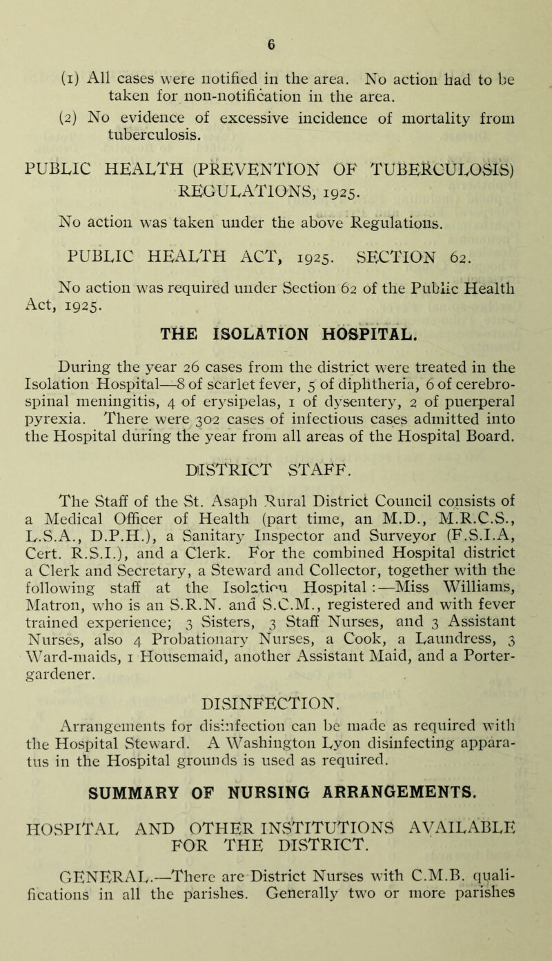 (1) All cases were notified in the area. No action had to be taken for non-notification in the area. (2) No evidence of excessive incidence of mortality from tuberculosis. PUBLIC HEALTH (PREVENTION OF TUBERCULOSIS) REGULATIONS, 1925. No action was taken under the above Regulations. PUBLIC HEALTH ACT, 1925. SECTION 62. No action was required under Section 62 of the Public Health Act, 1925. THE ISOLATION HOSPITAL. During the year 26 cases from the district were treated in the Isolation Hospital—8 of scarlet fever, 5 of diphtheria, 6 of cerebro- spinal meningitis, 4 of erysipelas, 1 of dysentery, 2 of puerperal pyrexia. There were 302 cases of infectious cases admitted into the Plospital during the year from all areas of the Hospital Board. DISTRICT STAFF. The Staff of the St. Asaph Rural District Council consists of a Medical Officer of Health (part time, an M.D., M.R.C.S., L.S.A., D.P.H.), a Sanitary Inspector and Surveyor (F.S.I.A, Cert. R.S.I.), and a Clerk. For the combined Hospital district a Clerk and Secretary, a Steward and Collector, together with the following staff at the Isolation Hospital :—Miss Williams, Matron, who is an S.R.N. and S.C.M., registered and with fever trained experience; 3 Sisters, 3 Staff Nurses, and 3 Assistant Nurses, also 4 Probationary Nurses, a Cook, a Laundress, 3 Ward-maids, 1 Housemaid, another Assistant Maid, and a Porter- gardener. DISINFECTION. Arrangements for disinfection can be made as required with the Hospital Steward. A Washington Lyon disinfecting appara- tus in the Hospital grounds is used as required. SUMMARY OF NURSING ARRANGEMENTS. HOSPITAL AND OTHER INSTITUTIONS AVAILABLE FOR THE DISTRICT. GENERAL.—There are District Nurses with C.M.B. quali- fications in all the parishes. Generally two or more parishes