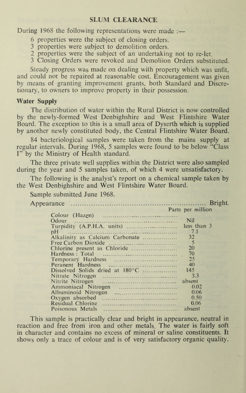 SLUM CLEARANCE During 1968 the following representations were made :— 6 properties were the subject of closing orders. 3 properties were subject to demolition orders. 2 properties were the subject of an undertaking not to re-let. 3 Closing Orders were revoked and Demoliion Orders substituted. Steady progress was made on dealing with property which was unfit, and could not be repaired at reasonable cost. Encouragement was given by means of granting improvement grants, both Standard and Discre- tionary, to owners to improve property in their possession. Water Supply The distribution of water within the Rural District is now controlled by the newly-formed West Denbighshire and West Flintshire Water Board. The exception to this is a small area of Dyserth which is supplied by another newly constituted body, the Central Flintshire Water Board. 84 bacteriological samples were taken from the mains supply at regular intervals. During 1968, 5 samples were found to be below “Class I” by the Ministry of Health standard. The three private well supplies within the District were also sampled during the year and 5 samples taken, of which 4 were unsatisfactory. The following is the analyst’s report on a chemical sample taken by the West Denbighshire and West Flintshire Water Board. Sample submitted June 1968. Appearance Bright. Parts per million Colour (Hazen) Odour Nil Turpidity (A.P.H.A. units) less than 3 pH 7.1 Alkalinity as Calcium Carbonate 32 Free Carbon Dioxide 5 Chlorine present as Chloride 20 Hardness : Total 70 Temporary Hardness 25 Peranent Hardness 40 Dissolved Solids dried at 180°C 145 Nitrate Nitrogen 3.3 Nitrite Nitrogen absent Ammoniacal Nitrogen 0.02 Albuminoid Nitrogen 0.06 Oxygen absorbed 0.50 Residual Chlorine 0.06 Poisonous Metals absent This sample is practically clear and bright in appearance, neutral in reaction and free from iron and other metals. The water is fairly soft in character and contains no excess of mineral or saline constituents. It shows only a trace of colour and is of very satisfactory organic quality.