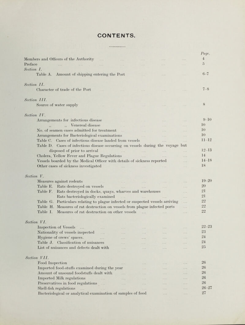 CONTENTS. Page. Members and Officers of the Authority ... .... 4 Preface .... .... .... .... 5 Section I. Table A. Amount of shipping entering the Port 6-7 Section II. Character of trade of the Port 7-8 Section III. Source of water supply 8 Section IV. Arrangements for infectious disease 9-10 ,, ,, Venereal disease 10 No. of seamen cases admitted for treatment 1() Arrangements for Bacteriological examinations 10 Table C. Cases of infectious disease landed from vessels .... 11-12 Table D. Cases of infectious disease occurring on vessels during the voyage but disposed of prior to arrival 12-13 Cholera, Yellow Fever and Plague Regulations .... .... 14 Vessels boarded by the Medical Officer with details of sickness reported ... 14-18 Other cases of sickness investigated .... 18 Section V. Measures against rodents . .... . 19-20 Table E. Rats destroyed on vessels .... .... 20 Table F. Rats destroyed in docks, quays, wharves and warehouses 21 Rats bacteriologically examined .... .... 21 Table G. Particulars relating to plague infected or suspected vessels arriving .... 22 Table H. Measures of rat destruction on vessels from plague infected ports 22 Table I. Measures of rat destruction on other vessels .... .... .... 22 Section VI. Inspection of Vessels .... . .... .... .... 22-23 Nationality of vessels inspected .... .... .... .... .... 23 Hygiene of crews’ spaces. .... .... .... .... ... 24 Table J. Classification of nuisances .... .... .... 24 List of nuisances and defects dealt with .... .... 25 Section VII. Food Inspection . .... ... . 26 Imported food-stuffs examined during the year .... .... 26 Amount of unsound foodstuffs dealt with .... ... .... 26 Imported Milk regulations . . .... • • • ■ ■ 26 Preservatives in food regulations .... .... ... .... 26 Shell-fish regulations .... .... .... 26-27 Bacteriological or analytical examination of samples of food .... .... 27