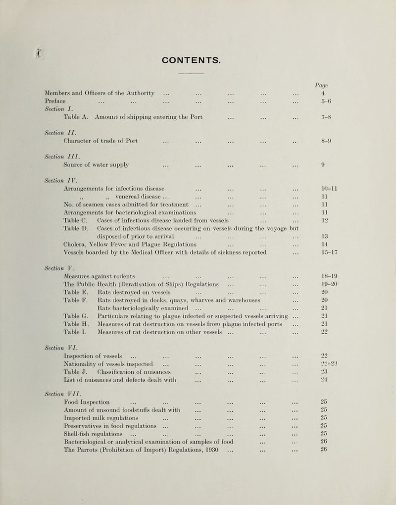 CONTENTS. Page Members and Officers of the Authority ... ... ... ... ... 4 Preface ... ... ... ... ... ... ... 5-6 Section I. Table A. Amount of shipping entering the Port ... ... ... 7-8 Section II. Character of trade of Port ... ... ... ... .. 8-9 Section III. Source of water supply ... ... ... ... ... 9 Section IV. Arrangements for infectious disease ... ... ... ... 10-11 ,, ,, venereal disease ... ... ... ... ... 11 No. of seamen cases admitted for treatment ... ... ... ... 11 Arrangements for bacteriological examinations ... ... ... 11 Table C. Cases of infectious disease landed from vessels ... ... 12 Table D. Cases of infectious disease occurring on vessels during the voyage but disposed of prior to arrival ... ... ... ... 13 Cholera, Yellow Fever and Plague Regulations ... ... ... 14 Vessels boarded by the Medical Officer with details of sickness reported ... 15-17 Section V. Measures against rodents ... ... ... ... ... 18-19 The Public Health (Deratisation of Ships) Regulations ... ... ... 19-20 Table E. Rats destroyed on vessels ... ... ... ... 20 Table F. Rats destroyed in docks, quays, wharves and warehouses ... 20 Rats bacteriologically examined ... ... ... ... 21 Table G. Particulars relating to plague infected or suspected vessels arriving ... 21 Table H. Measures of rat destruction on vessels from plague infected ports ... 21 Table I. Measures of rat destruction on other vessels ... ... ... 22 Section VI. Inspection of vessels ... ... ... ... ... ... 22 Nationality of vessels inspected ... ... ... ... ... 22-23 Table J. Classification of nuisances ... ... ... ... 23 List of nuisances and defects dealt with ... ... ... ... 24 Section VII. Food Inspection ... ... ... ... ... ... 25 Amount of unsound foodstuffs dealt with ... ... ... ... 25 Imported milk regulations ... ... ... ... ... 25 Preservatives in food regulations ... ... ... ... ... 25 Shell-fish regulations ... ... ... ... ... ... 25 Bacteriological or analytical examination of samples of food ... ..- 26 The Parrots (Prohibition of Import) Regulations, 1930 ... ... ... 26