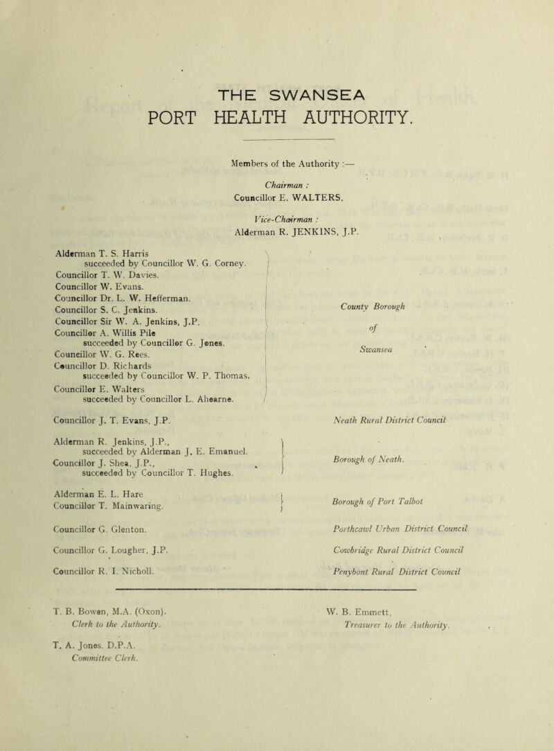 THE SWANSEA PORT HEALTH AUTHORITY. Members of the Authority :— Chairman : Councillor E. WALTERS. Vice-Chairman : Alderman R. JENKINS, J.P. Alderman T. S. Harris succeeded by Councillor W. G. Corney. Councillor T. W. Davies. Councillor W. Evans. Councillor Dr. L. W. Hefferman. Councillor S. C. Jenkins. Councillor Sir W. A. Jenkins, J.P. Councillor A. Willis Pile succeeded by Councillor G. Jones. Councillor W. G. Rees. Councillor D. Richards succeeded by Councillor W. P. Thomas. Councillor E. Walters succeeded by Councillor L. Ahearne. Councillor J. T. Evans, J.P. Alderman R. Jenkins, J.P., succeeded by Alderman J. E. Emanuel. Councillor J. Shea, J.P., succeeded by Councillor T. Hughes. Alderman E. L. Hare Councillor T. Mainwaring. Councillor G. Glenton. Councillor G. Lougher, J.P. Councillor R. I. Nicholl. County Borough Swansea Neath Rural District Council | Borough of Neath. (• Borough of Port Talbot Porthcawl Urban District Council Cowbridge Rural District Council Penybont Rural District Council T. B. Bowen, M.A. (Oxon). Clerk to the Authority. W. B. Emmett, Treasurer to the Authority. T. A. Jones. D.P.A. Committee Clerk.