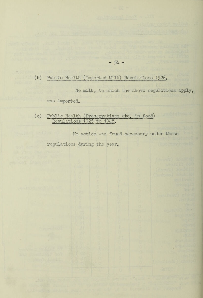 -5k- (b) Public Health (imported Milk) Regulations 1926. No milk, to which the above regulations apply, was imported. (c) Public Health (preservatives etc, in Food) Regulations 1925 to 1943. No action was found necessary under these regulations during the year.