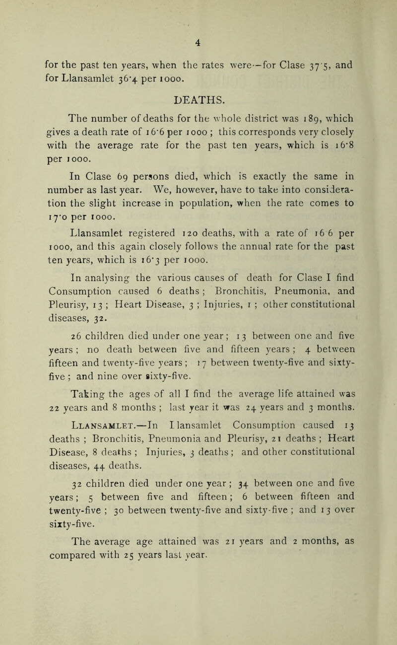 for the past ten years, when the rates were—for Clase 37 5, and for Llansamlet 36'4 per 1000. DEATHS. The number of deaths for the whole district was 189, which gives a death rate of 16'6 per 1000; this corresponds very closely with the average rate for the past ten years, which is 16*8 per jooo. In Clase 69 persons died, which is exactly the same in number as last year. We, however, have to take into considera- tion the slight increase in population, when the rate comes to 17m per 1000. Llansamlet registered 120 deaths, with a rate of 166 per 1000, and this again closely follows the annual rate for the past ten years, which is 16' 3 per 1000. In analysing the various causes of death for Clase I find Consumption caused 6 deaths ; Bronchitis, Pneumonia, and Pleurisy, 13 ; Heart Disease, 3 ; Injuries, 1 ; other constitutional diseases, 32. 26 children died under one year; 13 between one and five years ; no death between five and fifteen years ; 4 between fifteen and twenty-five years ; 17 between twenty-five and sixty- five ; and nine over sixty-five. Taking the ages of all I find the average life attained was 22 years and 8 months ; last year it was 24 years and 3 months. Llansamlet.—In llansamlet Consumption caused 13 deaths ; Bronchitis, Pneumonia and Pleurisy, 21 deaths; Heart Disease, 8 deaths; Injuries, 3 deaths; and other constitutional diseases, 44 deaths. 32 children died under one year; 34 between one and five years; 5 between five and fifteen; 6 between fifteen and twenty-five ; 30 between twentj'-five and sixty-five ; and 13 over sixty-five. The average age attained was 21 years and 2 months, as compared with 25 years last year.