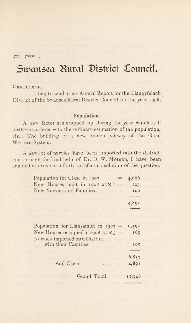 TO THE . . Swansea Hural District Council. Gentlemen, I beg to send in my Annual Report for the Llangyfelach District of the Swansea Rural District Council for the year 1908. Population. A new factor has cropped up during the year which still further interferes with the ordinary estimation of the population, viz. : The building of a new branch railway of the Great Western System. A new lot of navvies have been imported into the district, and through the kind help of Dr. D. W. Morgan, I have been enabled to arrive at a fairly satisfactory solution of the question. Population for Clase in 1907 = 4,666 New Houses built in 1908 25X5 = I25 New Navvies and Families 100 4,891 Population for Llansamlet in 1907 — 6^92 New Houses occupiedin 1908 33x5= 165 Navvies imported into District with their Families 100 6,857 Add Clase .. 4,891 Grand Total 11,748