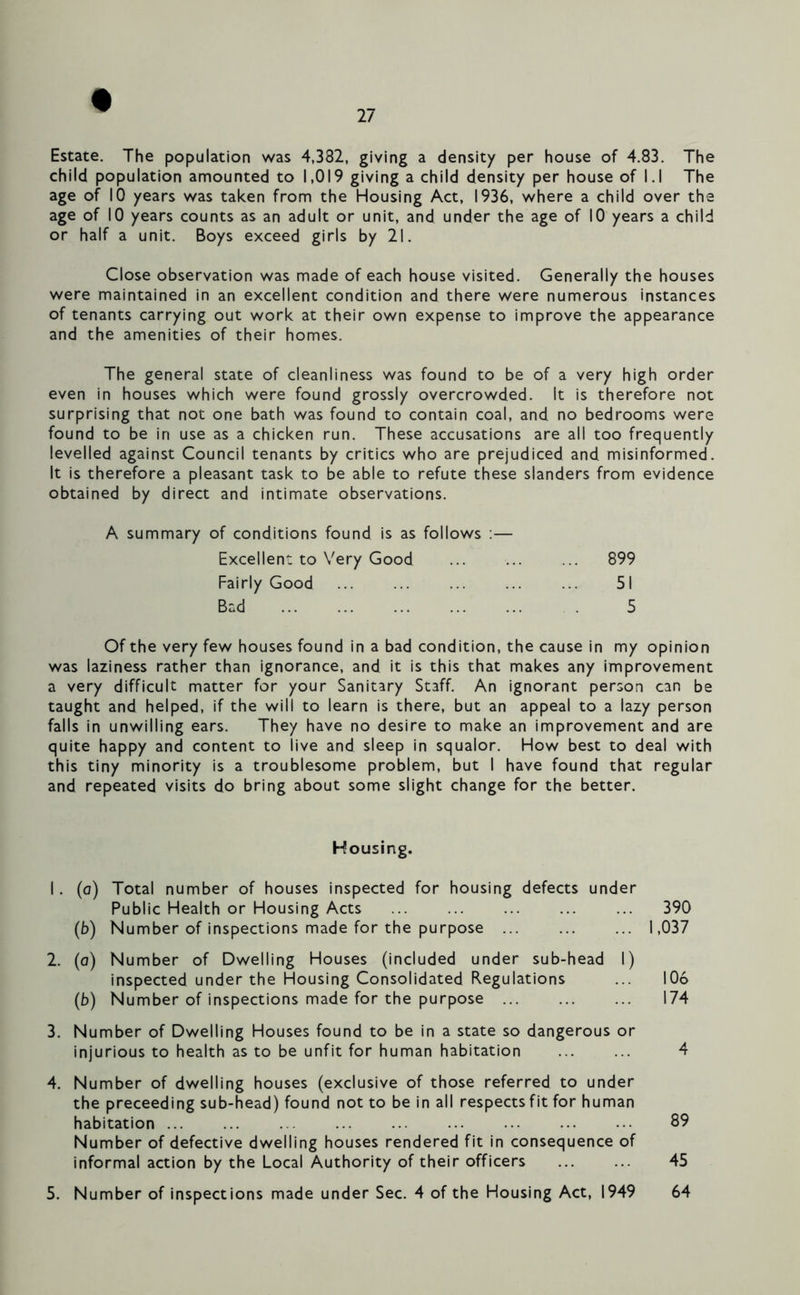 Estate. The population was 4,382, giving a density per house of 4.83. The child population amounted to 1,019 giving a child density per house of l.l The age of 10 years was taken from the Housing Act, 1936, where a child over the age of 10 years counts as an adult or unit, and under the age of 10 years a child or half a unit. Boys exceed girls by 21. Close observation was made of each house visited. Generally the houses were maintained in an excellent condition and there were numerous instances of tenants carrying out work at their own expense to improve the appearance and the amenities of their homes. The general state of cleanliness was found to be of a very high order even in houses which were found grossly overcrowded. It is therefore not surprising that not one bath was found to contain coal, and no bedrooms were found to be in use as a chicken run. These accusations are all too frequently levelled against Council tenants by critics who are prejudiced and misinformed. It is therefore a pleasant task to be able to refute these slanders from evidence obtained by direct and intimate observations. A summary of conditions found is as follows :— Excellent to Very Good ... ... 899 Fairly Good ... ... ... 51 Bad 5 Of the very few houses found in a bad condition, the cause in my opinion was laziness rather than ignorance, and it is this that makes any improvement a very difficult matter for your Sanitary Staff. An ignorant person can be taught and helped, if the will to learn is there, but an appeal to a lazy person falls in unwilling ears. They have no desire to make an improvement and are quite happy and content to live and sleep in squalor. How best to deal with this tiny minority is a troublesome problem, but I have found that regular and repeated visits do bring about some slight change for the better. Housing. I. (a) Total number of houses inspected for housing defects under Public Health or Housing Acts ... ... ... 390 (b) Number of inspections made for the purpose ... ... ... 1,037 2. (a) Number of Dwelling Houses (included under sub-head I) inspected under the Housing Consolidated Regulations ... 106 (b) Number of inspections made for the purpose 174 3. Number of Dwelling Houses found to be in a state so dangerous or injurious to health as to be unfit for human habitation 4 4. Number of dwelling houses (exclusive of those referred to under the preceeding sub-head) found not to be in all respects fit for human habitation ... ... . ... ... ••• ••• 89 Number of defective dwelling houses rendered fit in consequence of informal action by the Local Authority of their officers ... ... 45 5. Number of inspections made under Sec. 4 of the Housing Act, 1949 64