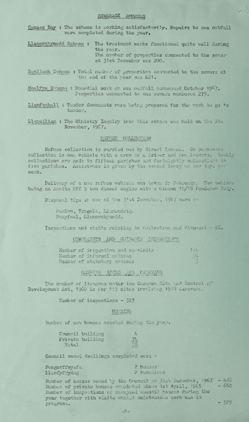 SEWERAGS Cemaes Bay : Tha scheme is v.orking satisfactorily. Repairs to sea outfall v.-ore completed during the year, Llanerchymedd Scheme_ ; The treatment works functioned quite well during the year. The numher of properties connected to the sewer at 3'lst December was 200. Eeyillech Gchene : Total riu.ob''-r of properties ccmected to the scuers at the end of che year was 12'i. M(^eli^e__Sc-iern'i ? Remedial v/oik or sea oucfall cor’mencjr'i Cctobor '!9^7* Properties connected to cho sewers numbered 27?.. U^anf^ch^ll 2 Tender docuiAonts v-ei'e being prepared foi‘ the work cc go to tender. Ll^ieiliaii ; The Mlmistiy Incjuiiy into tliis schere was hold on ih-i 7th November, 'i9o7. Ki;7USE GOLLNCTlTCh^ Refuse collection is c-arried nut by direct labvsui . On. pc.rn:jn-'-rc collection is one vehicle with a, crow of a dri-'er exi.d t\K> loader.s. 'veekl^'- collections are na.ds- in fiiteen parishes <-u.id fo.rtni^dit.iy o>.i.xectlor-s In five paroshos. Assistance i.s given by the .seocod lorxy oii two day... pov' v/eeko Delivery of a new refuse vehicle was taken in l.tibruany. Tlie vehic.te being an Au.stin DRir 3 ton diesel engnie with a f-ibson 12/18 Pondu-lom Rudy. Dispos-al tips in use a,t t.xe 3''st DeoemboLn, Y/ere Pen.l'en, Tregole, Llanbadaig. Pon3^foel, Llanorchj-medd., Inspoction.s and vi.sits relating bo coL.leotion c?.'ud di-spos.al - >3. Number of inspection a.ud re-visits Number of informal notic-js Humber of sta,tutory novices CAI/IPITTE SP.^3 --ND T.b.o nxxmber of lioenoes u.ader tne CcnvavHri fitc '.nd Gontrcl of Development Act, ^^C0 is x'or 11? sites irvolviixg 1918 oaravaixs. Number of inspections - 323 Number of iio:v houses .erected d.u.oirig tlio year. Council building 1- Frivatc building JA Total /8 Council owned dwellings completed were ^ Pengorffvysfa. 2 houses Llandyfiydog 2 bunr,Ai.ox;s Number of houses owned ly the Council or 31st December, !?67 ~ A-86 Numbur of priva,te houses co-ipl^ited sin ;e 1st Apiil, ;9A-5 Number of inspections or ccosupied council houses duriiig the year together with visi.ts v;hll^.t naintonan.;e work wa.s in progress. - 3? 9
