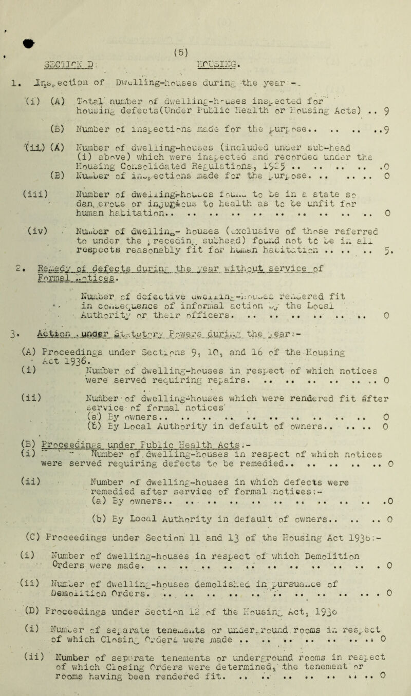 32ClI'^Iv D:, Erusiiva. 1, Jr*fc.i-ectipn of Dv/clling-houses during -the year Xi) (A) I'otal’ nur:iber of dvv'elling-h^uees insi^ected for ' housing defectsCUnder Public Health or lousing Acts) .. 9 (B) Humber of insj.ections made for the j^urgose 9 Xu) (A) Humber of d^yeliing-houses (included under sub-head (i) above) which v/ere inspected and recorded under the Housing Consolidated Regulations, 19-5 (E) HUiuber of inwi-ections jitade for the i.ur^. ose. .. • • • • (iii) Humber of dweliingr-houses ioux.v* to be in a state so dan erous or injugious to health as to be unfit for human habitation (iv) •' HUiuber of dwelling- houses (exclusive of those referred to under the ;-recedin^, subhead) fou*id not tc be in all respects reasonably fit for husan hacitation 2• Remedy of defects durinr the year Vvithput service of Formal Notices. Huuiber of defective uvrfCxxiii-“l:r.i-odc re^'^^ered fit ' • in coixseguence of informal action x,.y the Local • Authority or their officers *. 3• Action > unaer Et.-c’.tutory Powers duri.gi the_;^ear ?- (A) Proceedings under Sections 9? If's and 16 of the-Housing ' Act 1936. (i) Humber of dwelling-houses in respect of which notices were served requiring repairs (ii) Humber•of dwelling-houses which were rendered fit &fte service' of formal'notices’ (a‘) By ovmers (b) By Local Authority in default of owners (B) Proceedings under Public Health Acts.- (i) . Humber of. dwelling-houses in respect of v;hich notices were served requiring defects to be remedied 0 (ii) Humber nf dwelling-houses in v;hich defects were remedied after service of formal notices;- (a) By owners.* .. 0 (b) By Local Authority in default of owners 0 (C) F roceedings under Section 11 and I3 of the Housing Act 193b-:~ (i) Humber of dwelling-houses in respect of which Demolition Orders were made .. . 0 (ii) Number of dwelling-houses demolished in pursuax.ce of Demolition Orders. .. .. .. .. 0 ‘ (D) Proceedings under Section 12 of the Housing Act, 193b (i) Hum,oer of separate tene*x.exxts or under_rcund roo^s in res^.ect of which Closing Orders were made .. .. 0 (ii) Humber of sepr-rate tenements or underground rooms in respect of which Closing Orders were determined, the tenement or rooms having been rendered fit. .* *. *4 0 00 O UA o OJhOO