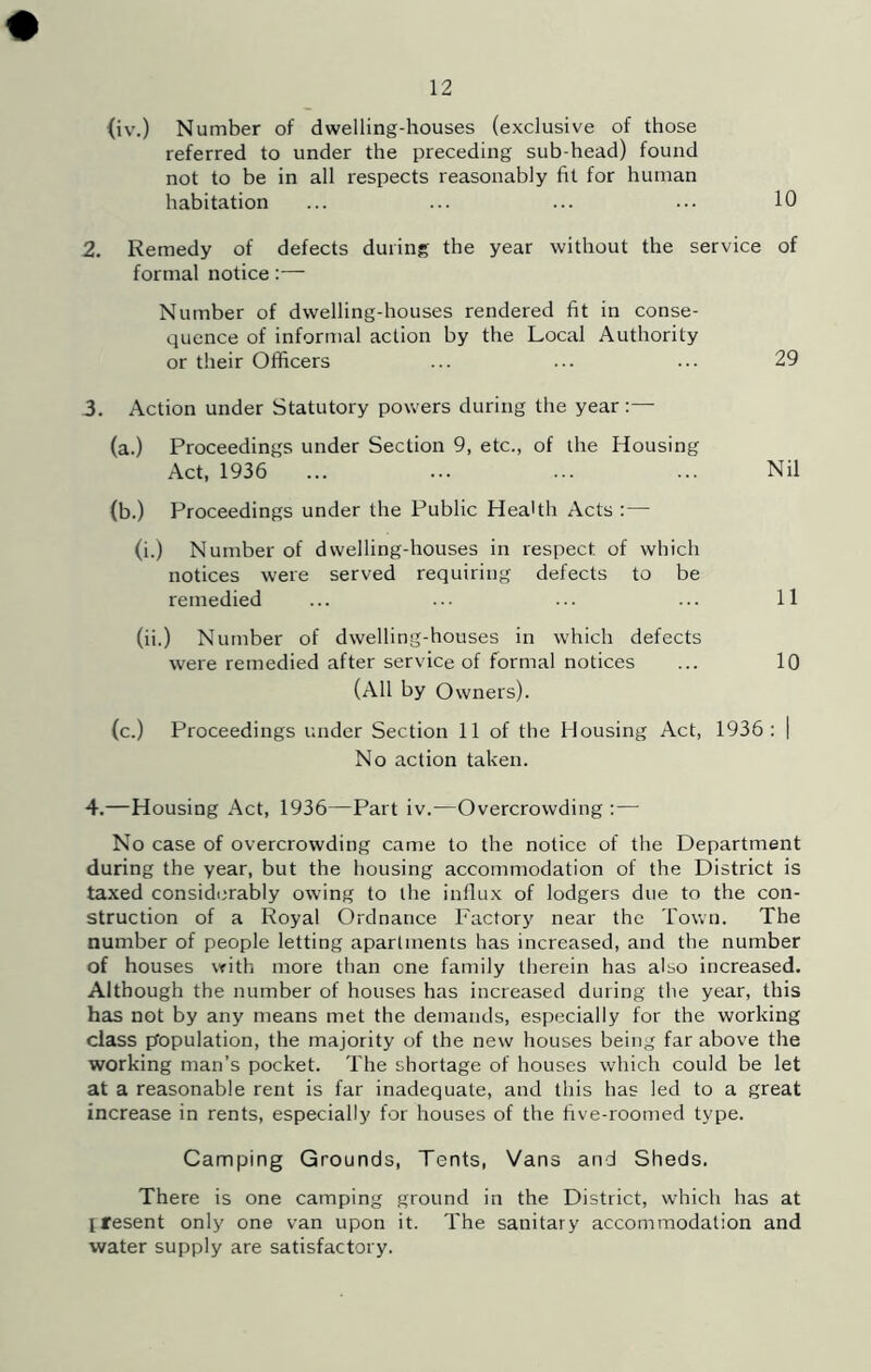 12 (iv.) Number of dwelling-houses (exclusive of those referred to under the preceding sub-head) found not to be in all respects reasonably fit for human habitation ... ... ... ... 10 2. Remedy of defects during the year without the service of formal notice:— Number of dwelling-houses rendered fit in conse- quence of informal action by the Local Authority or their Officers ... ... ... 29 3. Action under Statutory powers during the year:— (a.) Proceedings under Section 9, etc., of the Housing Act, 1936 (b.) Proceedings under the Public Health Acts :— (i.) Number of dwelling-houses in respect of which notices were served requiring defects to be (ii.) Number of dwelling-houses in which defects were remedied after service of formal notices ... 10 (All by Owners). (c.) Proceedings under Section 11 of the Housing Act, 1936: | No action taken. 4. —Housing Act, 1936—Part iv.—Overcrowding :— No case of overcrowding came to the notice of the Department during the year, but the housing accommodation of the District is taxed considerably owing to the influx of lodgers due to the con- struction of a Royal Ordnance Factory near the Town. The number of people letting apartments has increased, and the number of houses vrith more than one family therein has also increased. Although the number of houses has increased during the year, this has not by any means met the demands, especially for the working class population, the majority of the new houses being far above the working man’s pocket. The shortage of houses which could be let at a reasonable rent is far inadequate, and this has led to a great increase in rents, especially for houses of the five-roomed type. Camping Grounds, Tents, Vans and Sheds. There is one camping ground in the District, which has at Itesent only one van upon it. The sanitary accommodation and water supply are satisfactory. Nil