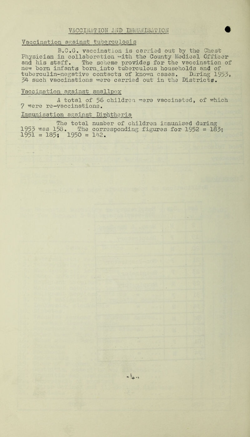 ViiGGIrli\TION BM^ISi^TION Vaccination aQ^ainst tuberculosis B.GoG. vaccination is carried out by the Gbest Physician in collaboration ^^ith the County Medical Officer and his staff. The scheme provideg for the vaccination of new born infants born,.into tuberculous households and of tuberculin-negative contacts of kno^m cases. During 19!?3)i 34 such vaccinations were carried out in tlie Districts^, Vaccination against smallpox A total of 56 children were vaccinated, of which 7 were re-vaccinations. Immunisation against Diphtheria The total number of children immunised during 1955 was 158. The corresponding figures for 1952 = 185; 1951 = 185; 1950 = 142.