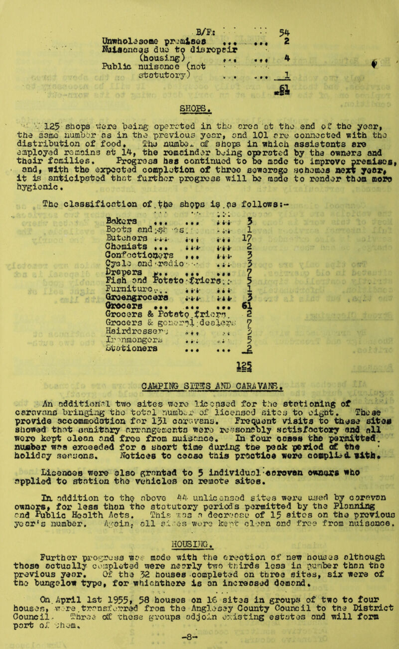 B/F.: • • V* 54 proiuisod «•• ••« 2 Mlilsonoas duo to disropclr (housing) 4 . , Public nuisonce (not ▼ statutory) .... ,,, 1 Jhi SHOBS. V 125 Shops wore boirig operated in tho area at the end of the yoarp the same number'as in the p.revious year, and 101 are connected with tho distribution of food, I'hu number c£ shops in which assistants aro employed remains at 14, the romcinder being operated by the owners and thoir families. Progress has continued to bo mode to improve premises, • and, with the eypooted completion of three sewerage schemes x»xt yo&r# it is aniicipated that further progress will be made to render them moPO hygienic, The classifioation of.the shops is.ha follows • • • i-r i * Bakers ,,, .,, Boots and''^s. • . Butchers i-vi- i Chemists ,«• i i i OonfoctiOQeps ,,, Cyo lo and • rad io • ■ • l)repers Pish and Potato'friers: Fumiturov,, i.-i- a Groengaroc ora 4- 4* ; i Qvooers ••• «• Grocers & Potato.friopn Grocers & gon0r*:il;deaie Hairdrosse.r'j Ironmongers ototioners • • # 0 9 9 • 0- i • • « 5 1 17 2 3 1 3 61 2 7 5 5 ii§ OAl^iPING SITSS AND GAMYAm. i\n addition.:’! two sites were lloonsed for t.he stationing of caravans bringing tho total numbex' of iicensod sites to eight. Those provide accommodation for 151 carovens. Frequent visits to these sitoa showed thot ofuaitnry nirangements were re??sonSDly satisfactory and all wore kept oloan and free from nuisance. In four oases the permitted, number was exceeded for a short time during the peak period oC the holiday seasons, i^otices to cease this practioe were complied, with• Liconoos wore also granted to 5 individual'oerovan owaurs who applied to station tho vehicles on remote sites. la addition to the above 44 uulicensod s.itea were used by caravan owners, for less than tho statutory periods permitted by the Planning and Public Health i\cts. This a decran^io of 15 sites on the previous year's number. Av:oin; oil s.i.:es wore kept clean and free from nuisonoe. HOUSUrG, Further prog.rcss was' made with the erection of new houses although those actually corapleted were nearly two thirds loss in .number than the previous year. Of the 52 houses completed on throe sites, sir were of tho bungeiow typo, for whlchthere is on increased demand. On.-April 1st 1955 , 58 houses on 16 sites in groups of two to four houses, v?‘re.transferred from the Anglesey County Council to the district Council. Thrv^je oOu these groups odjoin oxist.lng estates and will form port of jhem, —8-*