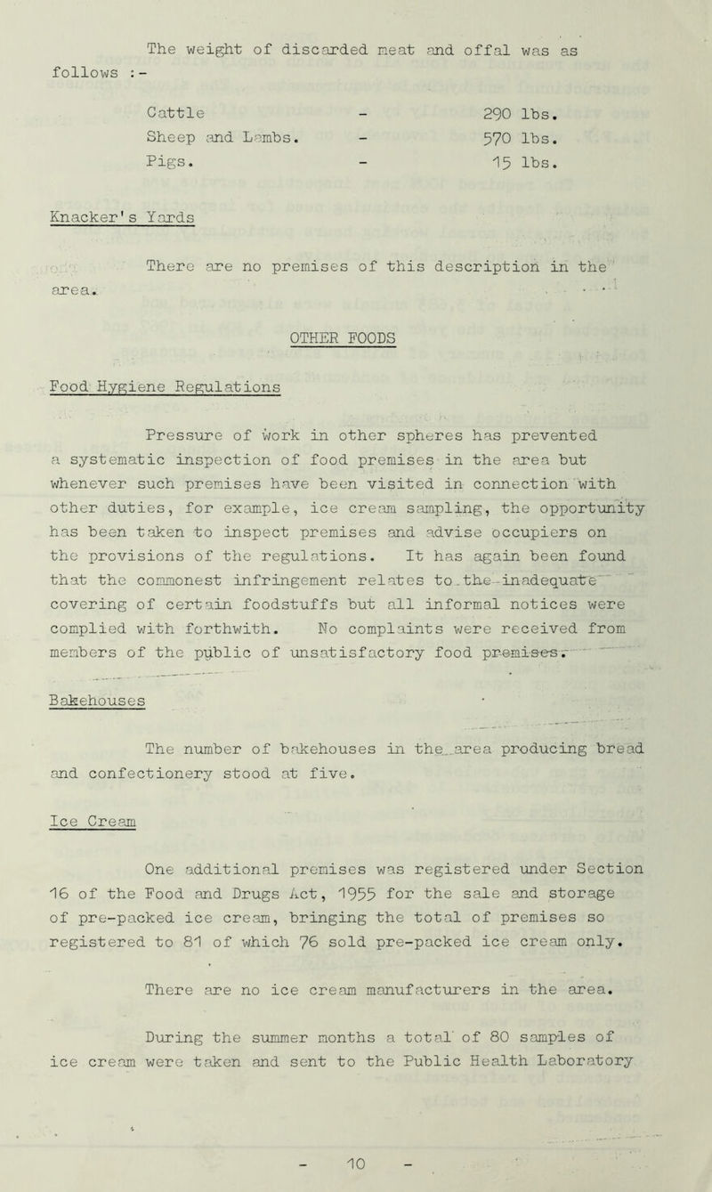 The weight of discarded neat and offal was as follows :- Cattle - 290 lbs. Sheep and Lambs. - 57O lbs. Pigs. - 15 lbs. Knacker's Yards area. There are no premises of this description in the OTHER FOODS Pood Hygiene Regulations Pressure of work in other spheres has prevented a systematic inspection of food premises in the area but whenever such premises have been visited in connection with other duties, for example, ice cream sampling, the opportunity has been taken to inspect premises sind advise occupiers on the provisions of the regulations. It has again been found that the commonest infringement relates to-the-inadequatre“  covering of certain foodstuffs but all informal notices were complied with forthwith. No complaints were received from members of the ppblic of unsatisfactory food premis-e«r Bakehouses The number of bakehouses in th.e„.area producing bread and confectionery stood at five. Ice Cream One additional premises was registered under Section 16 of the Pood and Drugs Act, 1955 T02? the sale and storage of pre-packed ice cream, bringing the total of premises so registered to 81 of which 7& sold pre-packed ice cream only. There are no ice cream manufacturers in the area. During the summer months a total’ of 80 samples of ice cream were taken and sent to the Public Health Laboratory