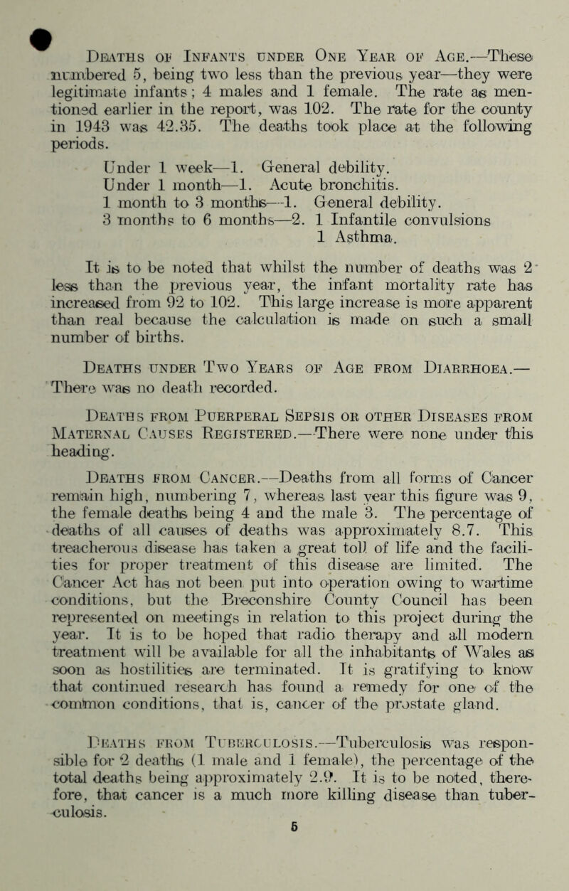 DelVths 01^ Infants under One Year of Age.—These numbered 5, being two less than the previous year—they were legitimate infants; 4 males and 1 female. The rate a® men- tioned earlier in the report, was 102. The Tate for the county in 1943 was 42.35. The deaths took place at the following periods. Under 1 week—1. General debility. Under 1 month—1. Acute bronchitis. 1 month to 3 monthie—1. General debility. 3 months to 6 months—2. 1 Infantile convulsions 1 Asthma. It is to be noted that whilst the number of deaths was 2' less than the previous year, the infant mortality rate has increased from 92 to 102. This large increase is more apparent than real because the calcLdation is made on such a small number of births. Deaths under Two Years of xYge from Diarrhoea.— There w^as no death recorded. Deaths from Puerperal Sepsis or other Diseases from Maternal Causes Registered.—There were none under this heading. Deaths from Cancer.—Deaths from all form.s of Cancer remain high, numbering 7, whereas last year this figure was 9, the female deaths being 4 and the male 3. The percentage of deaths of all causes of deaths was approximately 8.7. This treacherous disease has taken a great toll of life and the facili- ties for proper treatment of this disease are limited. The Cancer Act has not been x>ut into operation owfing to wa.rtime conditions, but the Breconshire County Council has been represente<l on meetings in relation to this project during the year. It is to be hoped that radio thempy and all modern treatment wall he available for all the inhabitants of Wales £us soon as hostilities are terminated. It is gratifying to knUw^ that continued research has found a remedy for one of the common conditions, that is, cancer of the prostate gland. IjEATHS frojM TUBERCULOSIS.—Tuherculosis was respon- sible for 2 deaths (1 male and 1 female), the percentage of the total deaths being a])proximately 2.9. It is to be noted, there- fore, that cancer js a much more killing disease than tuber- enlosis. 6