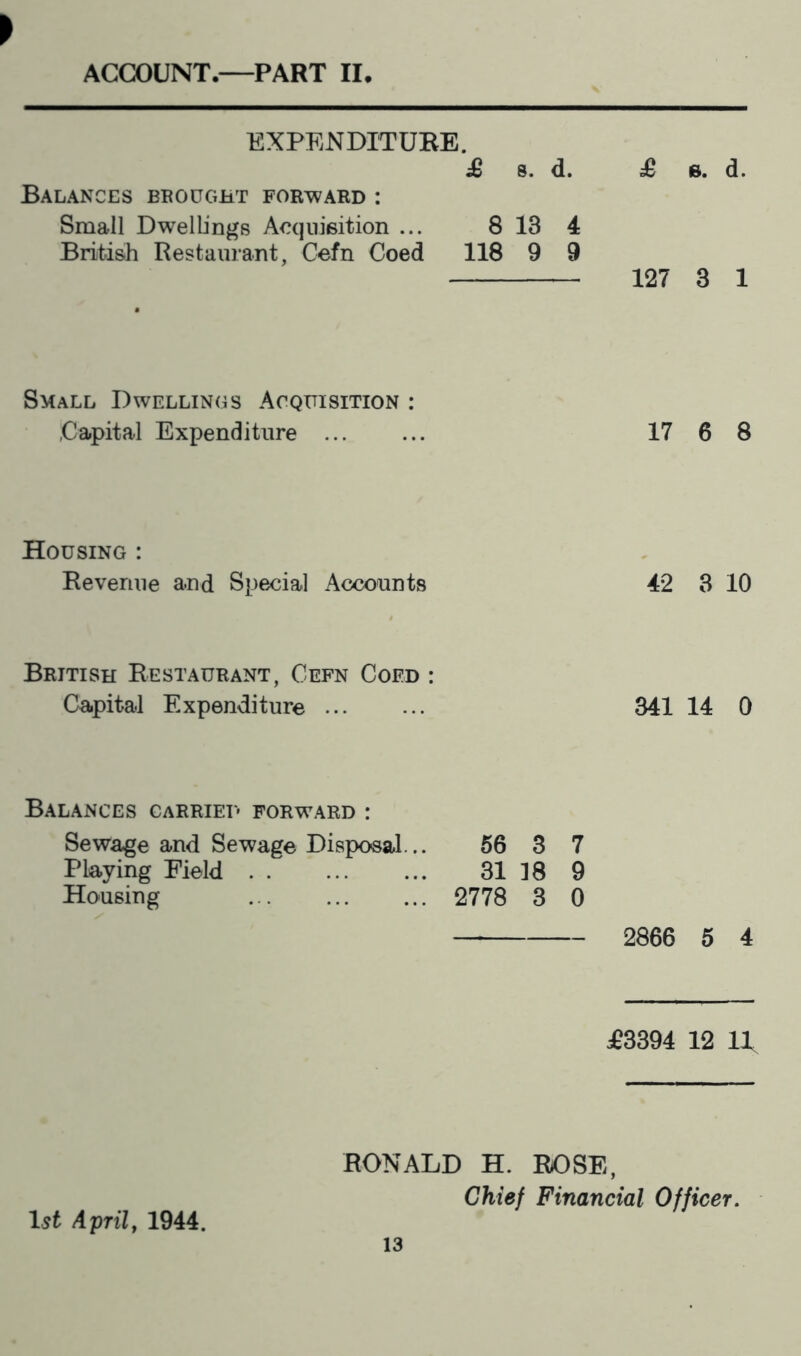 ACCOUNT.—PART II EXPENDITURE. jG 8. d. £ 6. d. Balances bbought forward : Small Dwellings Acquisition ... British Restaurant, Cefn Coed 8 13 4 118 9 9 127 3 1 Small Dwellings Acquisition : Capital Expenditure 17 6 8 Housing : Revenue and Special Accounts 42 3 10 British Restaurant, Cefn Coed : Capital Expenditure 341 14 0 Balances carriet' forward : Sewage and Sewage Disposal... Playing Field Housing 66 3 7 31 18 9 2778 3 0 — 2866 5 4 J03394 12 U RONALD H. ROSE, Chief Financial Officer. April, 1944.