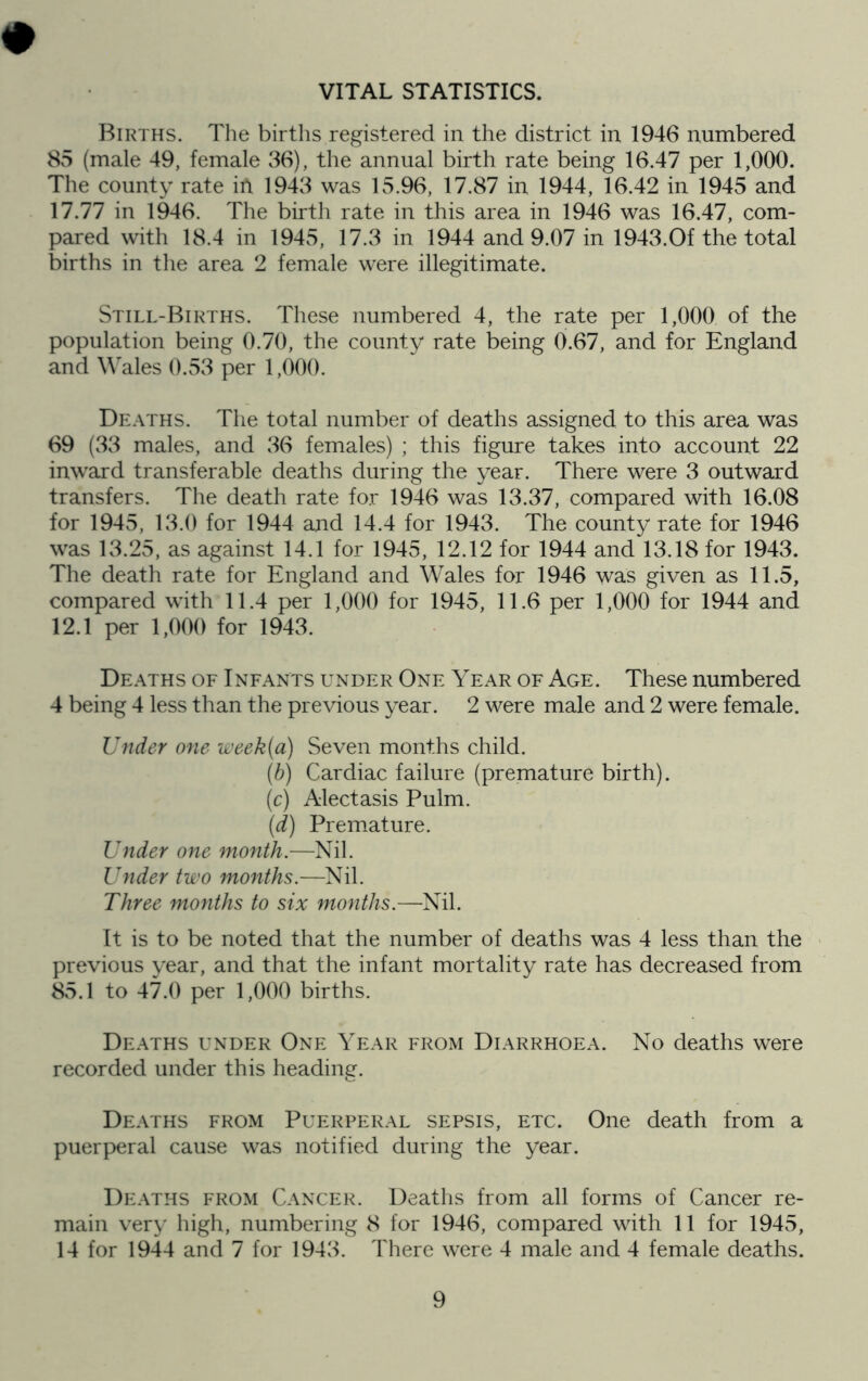 VITAL STATISTICS. Births. The births registered in the district in 1946 numbered 85 (male 49, female 36), the annual birth rate being 16.47 per 1,000. The county rate iit 1943 was 15.96, 17.87 in 1944, 16.42 in 1945 and 17.77 in 1946. The birth rate in this area in 1946 was 16.47, com- pared with 18.4 in 1945, 17.3 in 1944 and 9.07 in 1943.Of the total births in the area 2 female were illegitimate. Still-Births. These numbered 4, the rate per 1,000 of the population being 0.70, the county rate being 0.67, and for England and Wales 0.53 per 1,000. Deaths. Tlie total number of deaths assigned to this area was 69 (33 males, and 36 females) ; this figure takes into account 22 inward transferable deaths during the year. There were 3 outward transfers. The death rate for 1946 was 13.37, compared with 16.08 for 1945, 13.0 for 1944 and 14.4 for 1943. The county rate for 1946 was 13.25, as against 14.1 for 1945, 12.12 for 1944 and 13.18 for 1943. The death rate for England and Wales for 1946 was given as 11.5, compared with 11.4 per 1,000 for 1945, 11.6 per 1,000 for 1944 and 12.1 per 1,000 for 1943. Deaths of Infants under One Year of Age. These numbered 4 being 4 less than the previous year. 2 were male and 2 were female. Under one week(a) Seven months child. (b) Cardiac failure (premature birth). (c) Alectasis Pulm. (d) Premature. Under one month.—Nil. Under two months.—Nil. Three months to six months.—Nil. It is to be noted that the number of deaths was 4 less than the previous year, and that the infant mortality rate has decreased from 85.1 to 47.0 per 1,000 births. Deaths under One Year from Diarrhoea. No deaths were recorded under this heading. Deaths from Puerperal sepsis, etc. One death from a puerperal cause was notified during the year. Deaths from Cancer. Deaths from all forms of Cancer re- main very high, numbering 8 for 1946, compared with 11 for 1945, 14 for 1944 and 7 for 1943. There were 4 male and 4 female deaths.
