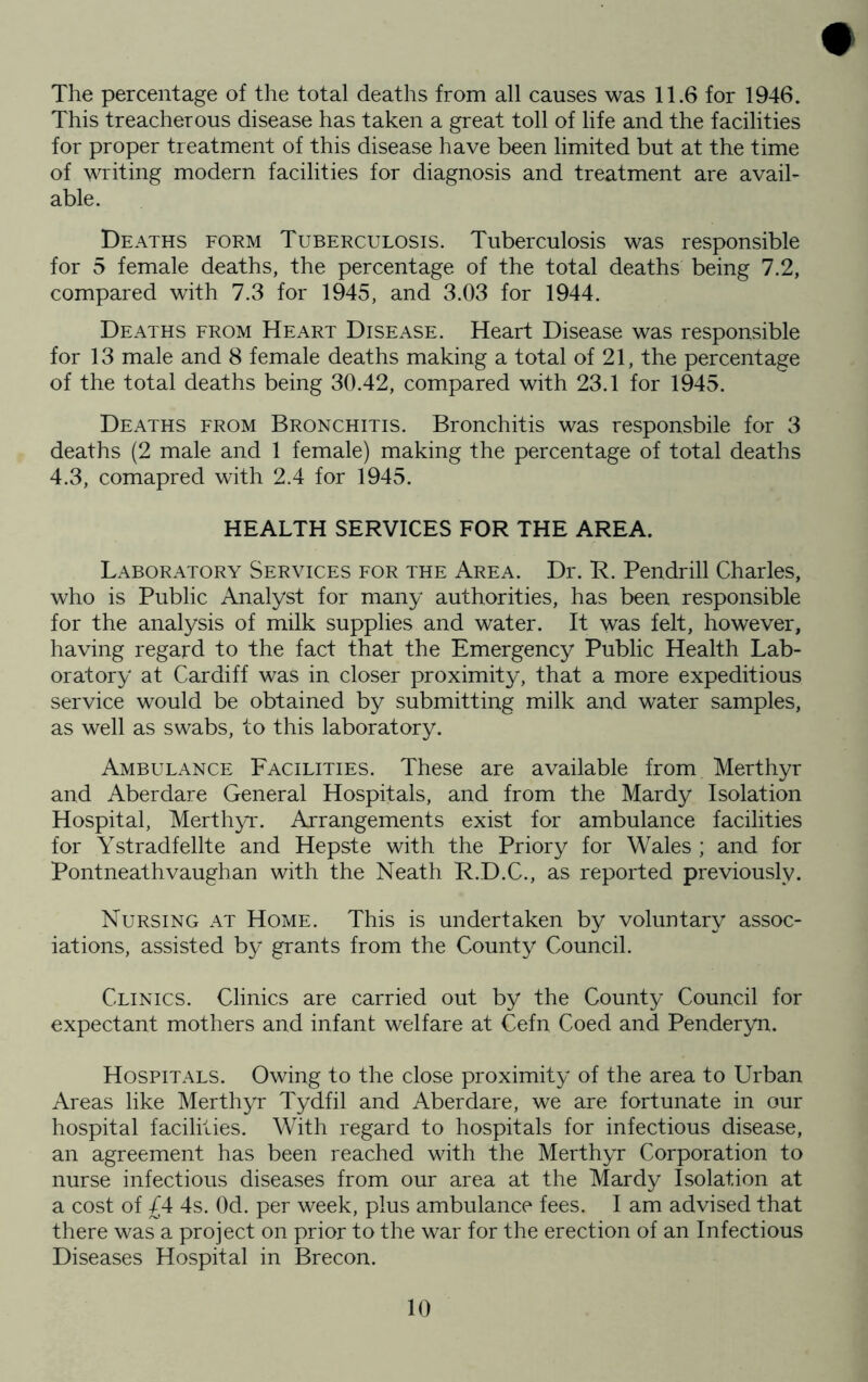 The percentage of the total deaths from all causes was 11.6 for 1946. This treacherous disease has taken a great toll of life and the facilities for proper treatment of this disease have been limited but at the time of writing modern facilities for diagnosis and treatment are avail- able. Deaths form Tuberculosis. Tuberculosis was responsible for 5 female deaths, the percentage of the total deaths being 7.2, compared with 7.3 for 1945, and 3.03 for 1944. Deaths from Heart Disease. Heart Disease was responsible for 13 male and 8 female deaths making a total of 21, the percentage of the total deaths being 30.42, compared with 23.1 for 1945. Deaths from Bronchitis. Bronchitis was responsbile for 3 deaths (2 male and 1 female) making the percentage of total deaths 4.3, comapred with 2.4 for 1945. HEALTH SERVICES FOR THE AREA. Laboratory Services for the Area. Dr. R. Pendrill Charles, who is Public Analyst for many authorities, has been responsible for the analysis of milk supplies and water. It was felt, however, having regard to the fact that the Emergency Public Health Lab- oratory at Cardiff was in closer proximity, that a more expeditious service would be obtained by submitting milk and water samples, as well as swabs, to this laboratory. Ambulance Facilities. These are available from Merthyr and Aberdare General Hospitals, and from the Mardy Isolation Hospital, Merthyi'. Arrangements exist for ambulance facilities for Ystradfelite and Hepste with the Priory for Wales ; and for Pontneathvaughan with the Neath R.D.C., as reported previously. Nursing at Home. This is undertaken by voluntary assoc- iations, assisted by grants from the County Council. Clinics. Clinics are carried out by the County Council for expectant mothers and infant welfare at Cefn Coed and Penderyn. Hospitals. Owing to the close proximity of the area to Urban Areas like Merthyr Tydfil and Aberdare, we are fortunate in our hospital facilities. With regard to hospitals for infectious disease, an agreement has been reached with the Merthyr Corporation to nurse infectious diseases from our area at the Mardy Isolation at a cost of /4 4s. Od. per week, plus ambulance fees. I am advised that there was a project on prior to the war for the erection of an Infectious Diseases Hospital in Brecon.
