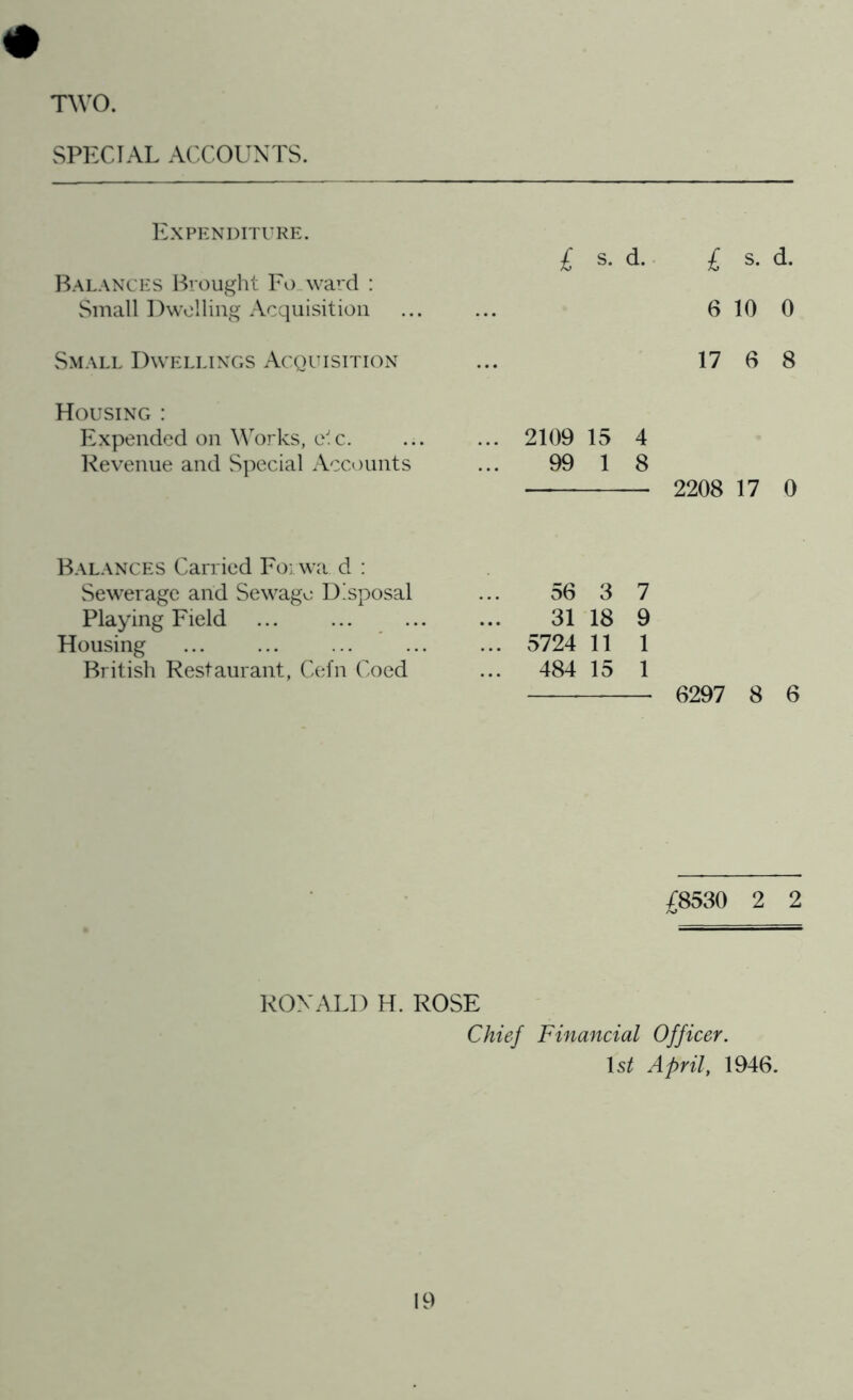 SPFXJAL ACCOUNTS. Expkndituke. Balances Brought Forward : Small Dwelling Acquisition Small Dwellings AcguisinoN Housing : Expended on Works, c'c. Revenue and Special Accounts Balances Carried Foiwa d : Sewerage and Sewage Disposal Playing Field Housing British Restaurant, Cefn Coed £ s. d. £ s. d. 6 10 0 17 6 8 ... 2109 15 4 99 1 8 — 2208 17 0 56 3 7 31 18 9 5724 11 1 484 15 1 6297 8 6 £8530 2 2 RONALD H. ROSE Chief Financial Officer. Is^ April, 1946.