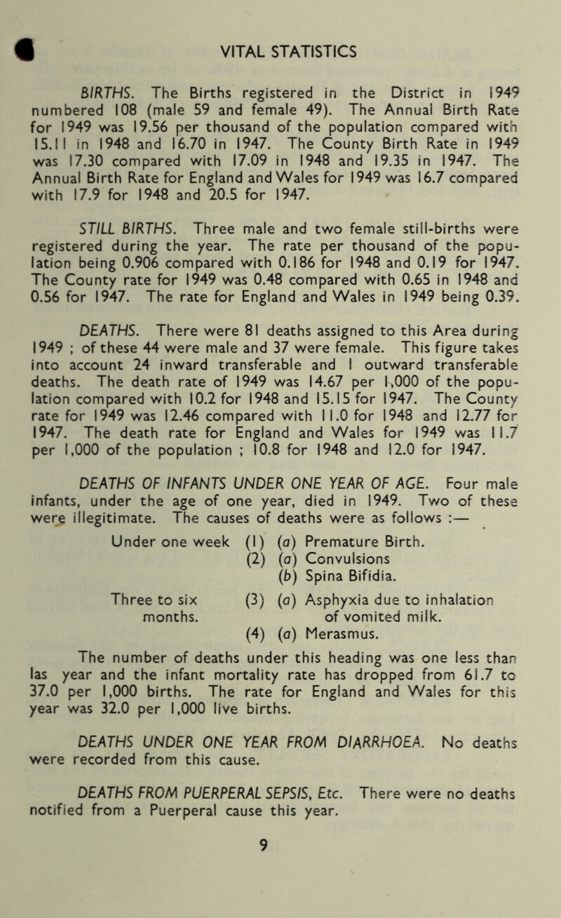 VITAL STATISTICS € BIRTHS. The Births registered in the District in 1949 numbered 108 (male 59 and female 49). The Annual Birth Rate for 1949 was 19.56 per thousand of the population compared with 15.11 in 1948 and 16.70 in 1947. The County Birth Rate in 1949 was 17.30 compared with 17.09 in 1948 and 19.35 in 1947. The Annual Birth Rate for England and Wales for 1949 was 16.7 compared with 17.9 for 1948 and 20.5 for 1947. STILL BIRTHS. Three male and two female still-births were registered during the year. The rate per thousand of the popu- lation being 0.906 compared with 0.186 for 1948 and 0.19 for 1947. The County rate for 1949 was 0.48 compared with 0.65 in 1948 and 0.56 for 1947. The rate for England and Wales in 1949 being 0.39. DEATHS. There were 81 deaths assigned to this Area during 1949 ; of these 44 were male and 37 were female. This figure takes into account 24 inward transferable and I outward transferable deaths. The death rate of 1949 was 14.67 per 1,000 of the popu- lation compared with 10.2 for 1948 and 15.15 for 1947. The County rate for 1949 was 12.46 compared with I 1.0 for 1948 and 12.77 for 1947. The death rate for England and Wales for 1949 was M.7 per 1,000 of the population ; 10.8 for 1948 and 12.0 for 1947. DEATHS OF INFANTS UNDER ONE YEAR OF ACE. Four male infants, under the age of one year, died in 1949. Two of these were illegitimate. The causes of deaths were as follows :— Under one week (I) (a) Premature Birth. (2) (o) Convulsions (b) Spina Bifidia. Three to six (3) (a) Asphyxia due to inhalation months. of vomited milk. (4) (a) Merasmus. The number of deaths under this heading was one less than las year and the Infant mortality rate has dropped from 61.7 to 37.0 per 1,000 births. The rate for England and Wales for this year was 32.0 per 1,000 live births. DEATHS UNDER ONE YEAR FROM DIARRHOEA. No deaths were recorded from this cause. DEATHS FROM PUERPERAL SEPSIS, Etc. There were no deaths notified from a Puerperal cause this year.