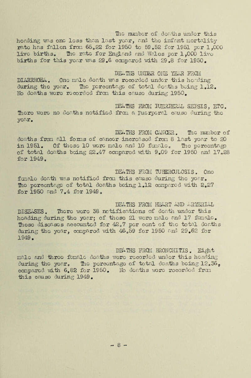TiiG number cf dcntlis under this heading was one less than lei.st year, and the infmt mortality rate has frilon from 65»22 for 1950 to 59o52 for 1951 per 1,000 live birtiiSa The rate for En^rind and Wrlos per 1,000 live birtiis for this year Y^as 29,6 ccoparcd v/ith 29,8 for 1950, ui'^DER oriE m'l? eeqh Dli'iHHHQS/j.. One nrilc death Yifas recorded under this heading during the year. The percentage of total doatiis being 1,12, No deaths Yiforo recorded fran tliis cause during 1950, lE/.THS ¥mi HJENIE1.VL SEPSIS, ETC. Hioro Yroro no deaths notified fren a Puorpcrrl. cruse during the year. DEiiTHS PNOIvI Cu'UCEP. The number of deaths from all forms of cancer increased from 8 last year to in 1951, Of these 10 yk^xc male and 10 female, The porcentr. of total doa.ths being 22,47 compared vd-th 9,09 for 1950 and 17,28 for 1949. DU'vTHS ElCEi TU^CULOSIS. Ono fixicalo death Y^as notified from this cause during the yo-ar, Tho percentage of total deaths being 1,12 compared Yd.th 2,27 for 1950 and 7,4 for 1949, DEATHS ENda HE/.NT AND' ixETERliL DISEi'^ES. There Y/oro 38 notifications of death under this heading during tho year; of tiicsc 21 Y/oro male and 17 female, Tioso disoa.ses accounted for 42o7 per cent of tlio total dcr.ths during the year, compared Yd.th 46,59 for 1950 aud 29,62 for 1949, DB'^THS PPai BRONCHITIS. Ei^t male cand three female dofutlis wore recorded under this heading during tho yoa.r, Tho percentage of total doa.ths being 12,36{, compared Yviih 6,82 for 1950, No doa.ths Yvorc recorded fren this cause during 1949, - 8 - <8 8