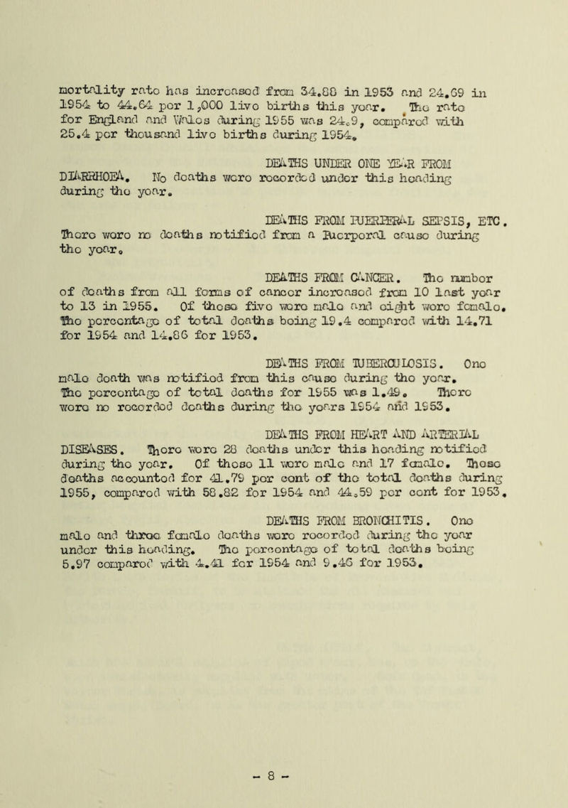 1954 to 44,64 per 1,000 live births this year. The rate for Enf^and and \7nlos diirin(: 1955 24c9, compared vri-ih 25,4 per thousand live births during 1954, DE^iTHS UNIER OKE PROM D37*.RRHOE^, No deaths were recorded under this heading during the yoar, lEt^TflS FROM rUEEiPERt^L SEPSIS, ETC. IDiero wore no deaths notified from a Bicrperol cause during the year. DEA.1HS FRQII O^NCER, Tho number of deaths from all forms of cancer increased from 10 last year to 13 in 1955. Of those five vraro mole anci ci^t v/oro female, tho percentage of total deaths being 19.4 compared vvith 14,71 for 1954 and 14,86 for 1953. DBiTHS PRQf/I lUHERCULOSIS. Ono male death ws nDtifiod from this cause during tho year, Iho porcontago of total deaths for 1955 v/as 1,49, There wore no rocordod deaths during tho years 1954 and 1953, DE^vTHS FROM HE/iRT AND ARTERI/».L DISEASES, wore 28 doatlis under this heading notified: during tho year. Of these 11 vjcro mole and 17 fancle. Those deaths accounted for 41,79 por cent of tho total deaths duiang 1955, compared with 58,82 for 1954 and 44,59 per cent for 1953, DE/^TIIS PROM BRONCHITIS. One mole and throe female deaths viqvo rocordod during the year under this heading, Tho poroontage of totnl deaths being 5,97 comparod with 4,41 for 1954 and 9.46 for 1953, - 8 -