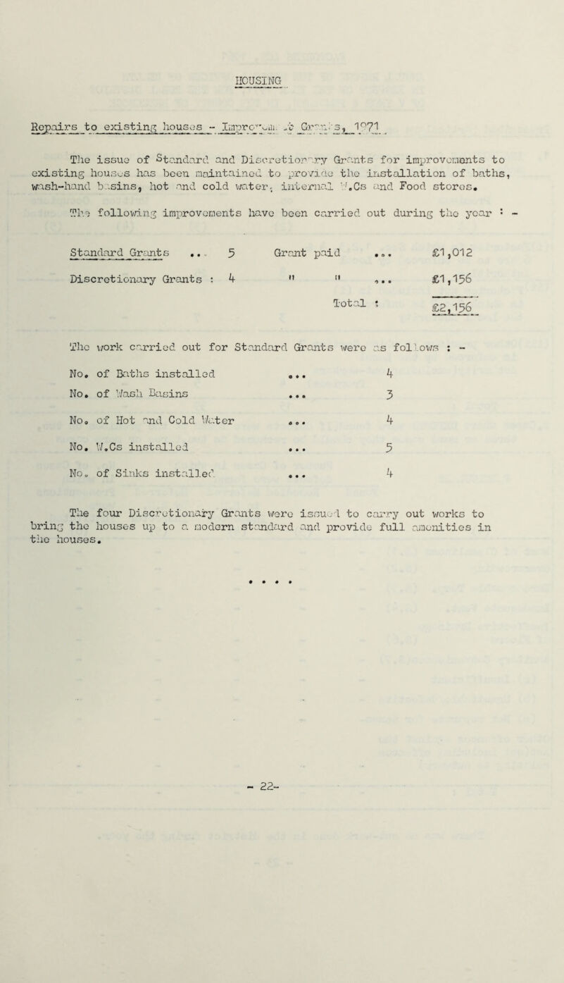 HOUSING R(^aix^ to existing Iiougos - laprc^^^ui. _Gr'.n^3,__1‘^7'l The issue of Standard and Disoretio3''''.ry Grants for improvor.iDnts to existing hous^.s has been maintained to provide the installation of baths, wash-hand b-sins, hot and cold water., internal 'hCs and Food stores. The follov/ing improvements have been ca.rried out during the year • - Standard Grants 5 Discretionary Grants ; 4 Grajit paid . M tl Total ? £1,012 £1,156 £2,156 The v;ork carried out for Stauidard Grants were as folLov/s : No, of Baths installed 4 No, of ’/o.sh Basins 3 No, of Hot and Cold V/ater 4 No, V/.Cs installed ... 5 No, of Sinks installed 4 The four Discretionary Grants were issued to carry out works to bring the houses up to c. modern standard and lorovido full amenities in the houses. 22-