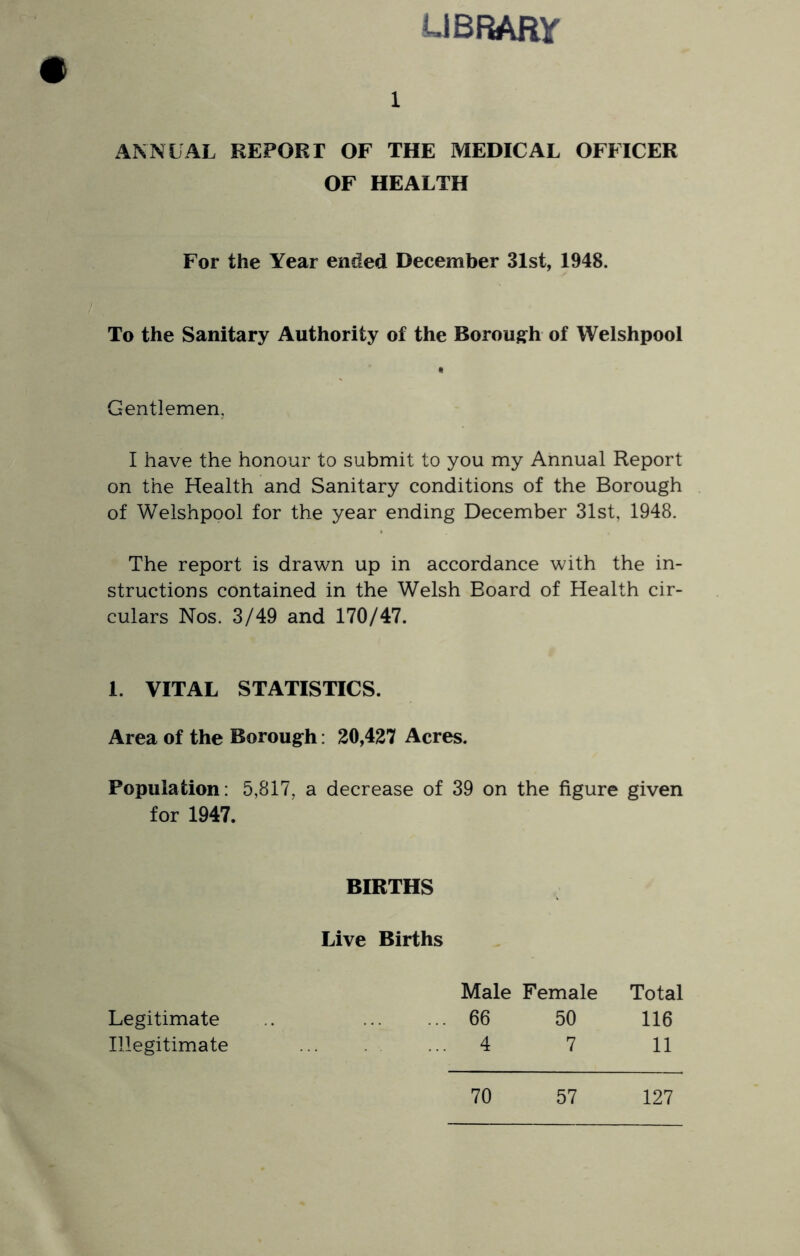 UBRARy 1 ANNUAL REPORT OF THE MEDICAL OFFICER OF HEALTH For the Year ended December 31st, 1948. To the Sanitary Authority of the Borough of Welshpool « Gentlemen, I have the honour to submit to you my Annual Report on the Health and Sanitary conditions of the Borough of Welshpool for the year ending December 31st, 1948. The report is drawn up in accordance with the in- structions contained in the Welsh Board of Health cir- culars Nos. 3/49 and 170/47. 1. VITAL STATISTICS. Area of the Borough: 20,427 Acres. Population: 5,817, a decrease of 39 on the figure given for 1947. BIRTHS Live Births Male Female Total Legitimate 66 50 116 Illegitimate 4 7 11 70 57 127