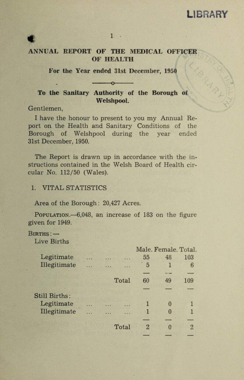 LIBRARY ANNUAL REPORT OF THE MEDICAL OFFICER OF HEALTH For the Year ended 31st December, 1950 o To the Sanitary Authority of the Borough of Welshpool. Gentlemen, I have the honour to present to you my Annual Re- port on the Health and Sanitary Conditions of the Borough of Welshpool during the year ended 31st December, 1950. The Report is drawn up in accordance with the in- structions contained in the Welsh Board of Health cir- cular No. 112/50 (Wales). 1. VITAL STATISTICS Area of the Borough: 20,427 Acres. Population.—6,048, an increase of 183 on the figure given for 1949. Births : —■ Live Births Male. Female. Total. Legitimate 55 48 103 Illegitimate ■ 5 1 6 Total 60 49 109 Still Births: Legitimate 1 0 1 Illegitimate 1 0 1