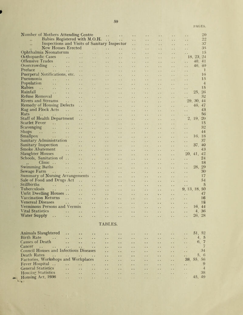 Number of Mothers Attending Centre ,, Babies Registered with M.O.H. .. ,, Inspections and Visits of Sanitary Inspector ,, New Houses Erected Ophthalmia Neonatorum Orthopaedic Cases Offensive Trades Overcrowding Preface Puerperal Notifications, etc. . . Pneumonia Population Rabies Rainfall Refuse Removal Rivers and Streams Remedy of Housing Defects . . Rag and Flock Acts Rats Staff of Health Department Scarlet Fever Scavenging Shops Smallpox Sanitary Administration Sanitary Inspection Smoke Abatement Slaughter Houses Schools, Sanitation of . . ,, Clinic . . Swimming Baths Sewage Farm Summary of Nursing Arrangements .. Sale of Food and Drugs Act . . Stillbirths Tuberculosis Unfit Dwelling Houses .. Vaccination Returns Venereal Diseases ^^erminous Persons and Vermin Vital Statistics Water Supply TABLES. Animals Slaughtered Birth Rate Causes of Death Cancer Council Houses and Infectious Diseases Death Rates Factories, Workshops and Workplaces Fever Hospital .. General Statistics Housing Statistics Housing Act, 1936 20 22 37 3.S 15 18, 23, 24 40, 41 46, 49 1 16 15 4 15 25, 26 32 29, 30, 44 46, 47 43 56 19, 20 15 32 44 16, 18 37 37, 40 43 20, 41, 42 24 18 28, 29 30 17 54 5 13, 18, 50 47 16 18 16. 44 4. 36 26, 28 51, 52 4, 5 6, 7 7 34 5, 6 38, 55, 56 9 4 38 45, 49
