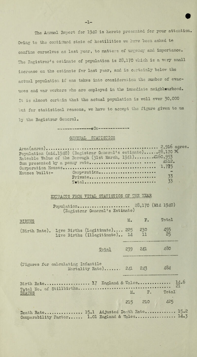 The krivjiBl Report for 1940 is hereto presented for your attention. Oring to the continued state of hostilities v:e rare oeen asked to confine ourselves as last year, to raa.tters of urgency and importance. The Registrar's estimate of population is 28,170 nnich is a very small increase on the estimate for last year, and is certainly helov the actr.al population if one takes into consideration the number of evaC'- uees and v:ar v.'orkers vho are employed in the immediate neighbourhood. It is almost certain that the actual population is well over 30,000 but for statistical reasons, vre have to accept the figure given to us Ij- the Registrar General, eOo GSRERAi STATISTICS Population (raid.1940) (Registrar General's estimate} 2b,170 ^ Rateable Value of the Borough (31st March, 1941) £160,953 Sum presented by a penny rate £612. Corporation Houses i>775 Houses built: 33 33 • PyTRACTS FROM VITAL STATISTICS OF THE YEAR Population. 28,170 (Registrar General's Estimate) (Mid 1940) BIRTHS M. F. Total (Birth Rate). , Live Births (Legitimate),... Live Births (illegitimate).. 225 14 230 11 455 25 Total 239 241 480 (Figures for calculating Infantile Mortality Rate) 241 243 484 Birth Rate.., Total No. of DEATHS Stillbirths M. • • « » • F. 14.6 21 Total 215 210 425 Death Rate Comparability Factor 15.1 Adjusted Death Rate 1.01 England & Vales.... 15.2 14.3