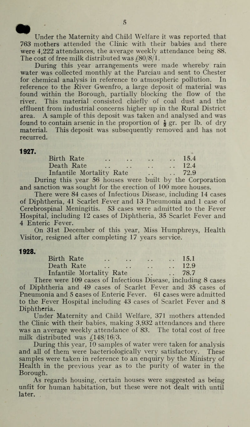 Under the Maternity ahd Child Welfare it was reported that 763 mothers attended the Clinic with their babies and there were 4,222 attendances, the average weekly attendance being 88. The cost of free milk distributed was £80/8/1. During this year arrangements were made whereby rain water was collected monthly at the Parciau and sent to Chester for chemical analysis in reference to atmospheric pollution. In reference to the River Gwenfro, a large deposit of material was found within the Borough, partially blocking the flow of the river. This material consisted chiefly of coal dust and the effluent from industrial concerns higher up in the Rural District area. A sample of this deposit was taken and analysed and was found to contain arsenic in the proportion of J gr. per lb. of dry material. This deposit was subsequently removed and has not recurred. 1927. Birth Rate .. 15.4 Death Rate .. 12.4 Infantile Mortality Rate . . 72.9 During this year 56 houses were built by the Corporation and sanction was sought for the erection of 100 more houses. There were 84 cases of Infectious Disease, including 14 cases of Diphtheria, 41 Scarlet Fever and 13 Pneumonia and 1 case of Cerebrospinal Meningitis. 53 cases were admitted to the Fever Hospital, including 12 cases of Diphtheria, 35 Scarlet Fever and 4 Enteric Fever. On 31st December of this year. Miss Humphreys, Health Visitor, resigned after completing 17 years service. 1928. Birth Rate .. .. .. . . 15.1 Death Rate .. .. .. .. 12.9 Infantile Mortality Rate . . . . 78.7 There were 109 cases of Infectious Disease, including 8 cases of Diphtheria and 49 cases of Scarlet Fever and 35 cases of Pneumonia and 5 cases of Enteric Fever. 61 cases were admitted to the Fever Hospital including 43 cases of Scarlet Fever and 8 Diphtheria. Under Maternity and Child Welfare, 371 mothers attended the Clinic with their babies, making 3,932 attendances and there was an average weekly attendance of 83. The total cost of free milk distributed was £148/16/3. During this year, 10 samples of water were taken for analysis and all of them were bacteriologically very satisfactory. These samples were taken in reference to an enquiry by the Ministry of Health in the previous year as to the purity of water in the Borough. As regards housing, certain houses were suggested as being unfit for human habitation, but these were not dealt with until later. .