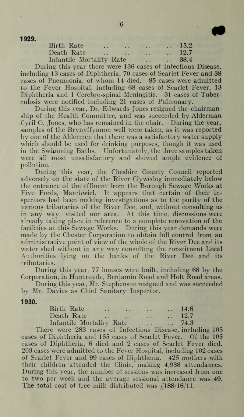 <• 1929. Birth Rate .. 15.2 Death Rate . . 12.7 Infantile Mortality Rate . . 38.4 During this year there were 136 cases of Infectious Disease, including 13 cases of Diphtheria, 70 cases of Scarlet Fever and 38 • cases of Pneumonia, of whom 14 died. 85 cases were admitted to the Fever Hospital, including 68 cases of Scarlet Fever, 13 Diphtheria and 1 Cerebro-spinal Meningitis. 31 cases of Tuber- culosis were notified including 21 cases of Pulmonary. During this year,-Dr. Edwards Jones resigned the chairman- ship of the Health Committee, and was succeeded by Alderman Cyril O. Jones, who has remained in the chair. During the year, samples of the Brynyffynnon well were taken, as it was reported by one of the Aldermen that there was a satisfactor}^ water supply which should be used for drinking purposes, though it was used in the Swimming Baths. Unfortunately, the three samples taken were all most unsatisfactory and showed ample evidence of pollution. During this year, the Cheshire County Council reported adversely on the state of the River Clywedog immediately below the entrance of the effluent from the Borough Sewage Works at Five Fords, Marchwiel. It appears that certain of their in- spectors had been making investigations as to the purity of the various tributaries of the River Dee, and, without consulting us in any way, visited our area. At this timie, discussions were already taking place in reference to a complete renovation of the facilities at this Sewage Works. During this year demands were made by the Chester Corporation to obtain full control from an administrative point of view of the whole of the River Dee and its water shed without in any way consulting the constituent Local Authorities lying on the banks of the River Dee and its tributaries. During this year, 77 houses were built, including 68 by the Corporation, in Huntroyde, Benjamin Road and Holt Road areas. During this year, Mr. Stephenson resigned and was succeeded by Mr. Davies as Chief Sanitary Inspector. 1930. Birth Rate .. 14.6 Death Rate .. 12.7 Infantile Mortalirv Rate . . 74.3 There were 283 cases of Infectious Disease, including 105 cases of Diphtheria and 155 cases of Scarlet Fever. Of the 105 cases of Diphtheria, 6 died and 2 cases of Scarlet Fever died. 203 cases were admitted to the Fever Hospital, including 102 cases of Scarlet Fever and 99 cases of Diphtheria. 425 mothers with their children attended the Clinic, making 4,938 attendances. During this year, the number of sessions was increased from one to two per week and the average sessional attendance was 49. The total cost of free milk distributed was £188/16/11.