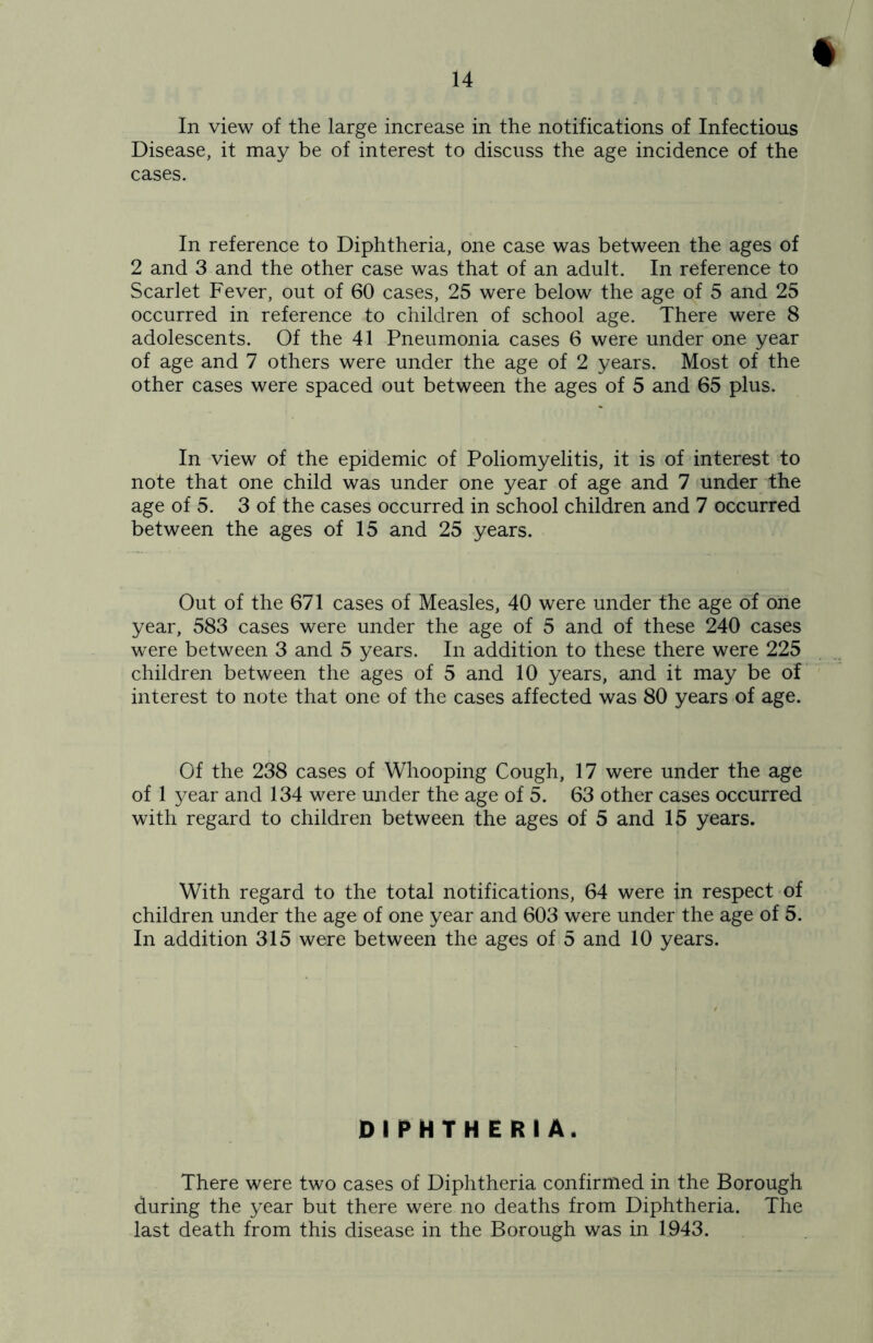 In view of the large increase in the notifications of Infectious Disease, it may be of interest to discuss the age incidence of the cases. In reference to Diphtheria, one case was between the ages of 2 and 3 and the other case was that of an adult. In reference to Scarlet Fever, out of 60 cases, 25 were below the age of 5 and 25 occurred in reference to children of school age. There were 8 adolescents. Of the 41 Pneumonia cases 6 were under one year of age and 7 others were under the age of 2 years. Most of the other cases were spaced out between the ages of 5 and 65 plus. In view of the epidemic of Poliomyelitis, it is of interest to note that one child was under one year of age and 7 under the age of 5. 3 of the cases occurred in school children and 7 occurred between the ages of 15 and 25 years. Out of the 671 cases of Measles, 40 were under the age of one year, 583 cases were under the age of 5 and of these 240 cases were between 3 and 5 years. In addition to these there were 225 children between the ages of 5 and 10 years, and it may be of interest to note that one of the cases affected was 80 years of age. Of the 238 cases of Whooping Cough, 17 were under the age of 1 year and 134 were under the age of 5. 63 other cases occurred with regard to children between the ages of 5 and 15 years. With regard to the total notifications, 64 were in respect of children under the age of one year and 603 were under the age of 5. In addition 315 were between the ages of 5 and 10 years. DIPHTHERIA. There were two cases of Diphtheria confirmed in the Borough during the year but there were no deaths from Diphtheria. The last death from this disease in the Borough was in 1943.