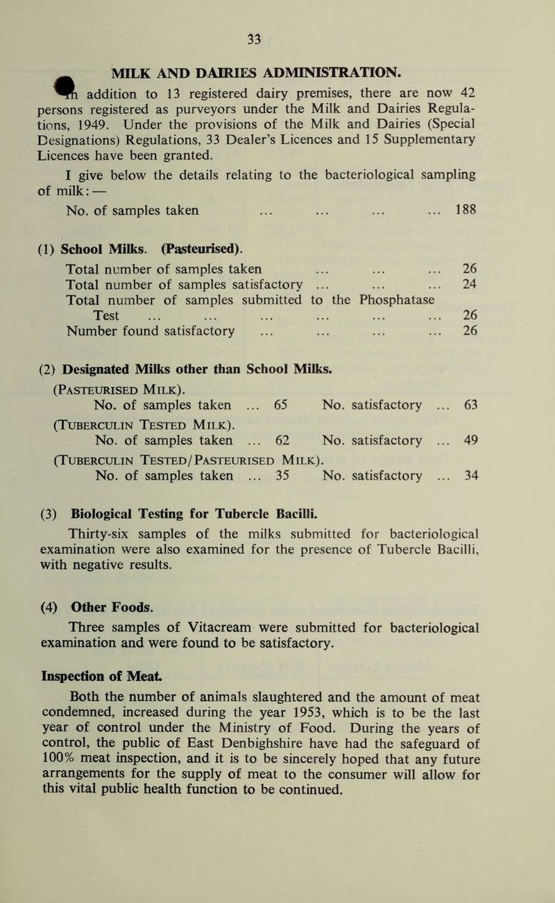 ^ MILK AND DAIRIES ADMINISTRATION. addition to 13 registered dairy premises, there are now 42 persons registered as purveyors under the Milk and Dairies Regula- tions, 1949. Under the provisions of the Milk and Dairies (Special Designations) Regulations, 33 Dealer’s Licences and 15 Supplementary Licences have been granted. I give below the details relating to the bacteriological sampling of milk: — No. of samples taken ... ... ... ... 188 (1) School Milks. (Pasteurised). Total number of samples taken ... ... ... 26 Total number of samples satisfactory ... ... ... 24 Total number of samples submitted to the Phosphatase Test ... ... ... ... ... ... 26 Number found satisfactory ... ... ... ... 26 (2) Designated Milks other than School Milks. (Pasteurised Milk). No. of samples taken . 65 No. satisfactory ,. 63 (Tuberculin Tested Milk). No. of samples taken .. 62 No. satisfactory ., ,. 49 (Tuberculin Tested/Pasteurised Milk). No. of samples taken . .. 35 No. satisfactory .. 34 (3) Biological Testing for Tubercle Bacilli. Thirty-six samples of the milks submitted for bacteriological examination were also examined for the presence of Tubercle Bacilli, with negative results. (4) Other Foods. Three samples of Vitacream were submitted for bacteriological examination and were found to be satisfactory. Inspection of Meat Both the number of animals slaughtered and the amount of meat condemned, increased during the year 1953, which is to be the last year of control under the Ministry of Food. During the years of control, the public of East Denbighshire have had the safeguard of 100% meat inspection, and it is to be sincerely hoped that any future arrangements for the supply of meat to the consumer will allow for this vital public health function to be continued.