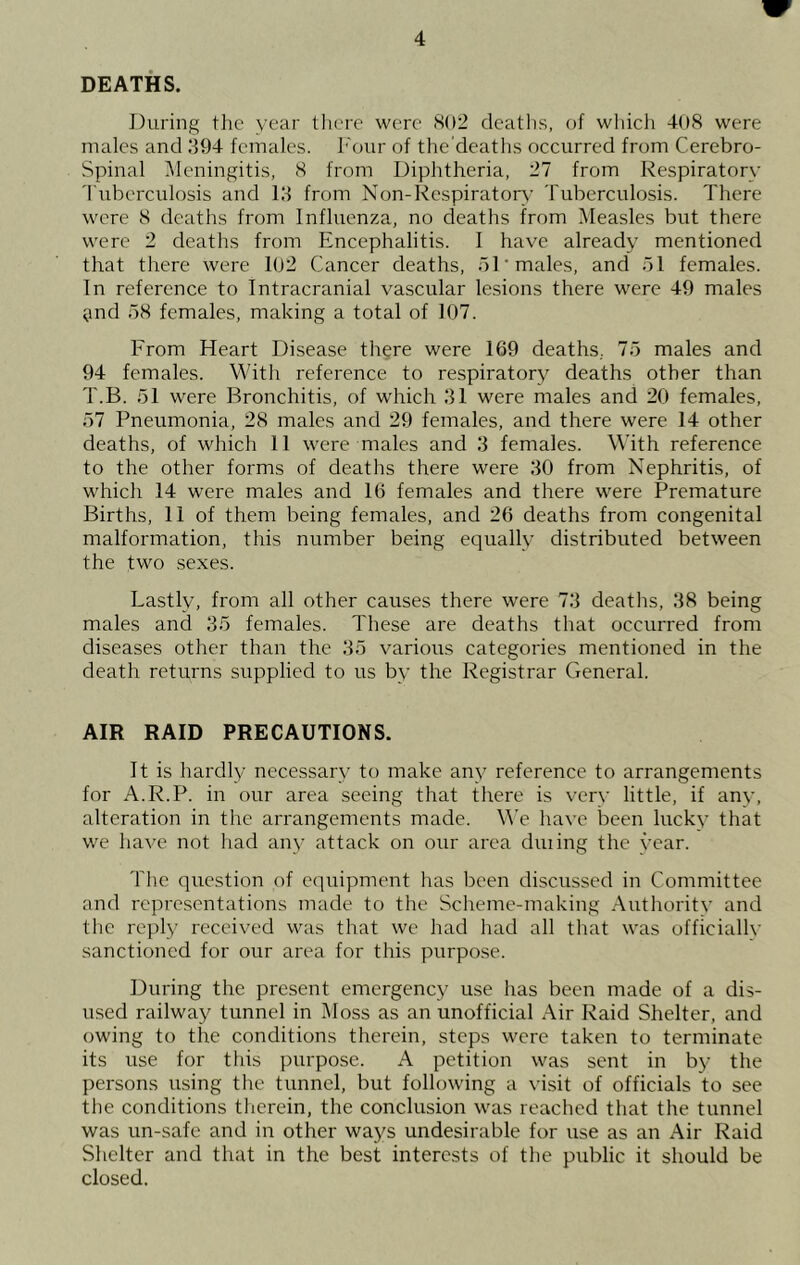 DEATHS. During the year there were S02 deaths, of which 40S were males and 394 females, h'our of the'deaths occurred from Cerebro- Spinal IMeningitis, <S from Diphtheria, 'll from Respiratory 'Ihiberculosis and 13 from Non-Respirator\' Tuberculosis. There were 8 deaths from Influenza, no deaths from Measles but there were 2 deaths from Encephalitis. I have already mentioned that there were 102 Cancer deaths, oD males, and ol females. In reference to Intracranial vascular lesions there were 49 males ^md 58 females, making a total of 107. From Heart Disease th^re were 169 deaths, 75 males and 94 females. With reference to respiratory deaths other than T.B. 51 were Bronchitis, of which 31 were males and 20 females, 57 Pneumonia, 28 males and 29 females, and there were 14 other deaths, of which 11 were males and 3 females. With reference to the other forms of deaths there were 30 from Nephritis, of which 14 were males and 16 females and there were Premature Births, 11 of them being females, and 26 deaths from congenital malformation, this number being equally distributed between the two sexes. Lastly, from all other causes there were 73 deaths, 38 being males and 35 females. These are deaths that occurred from diseases other than the 35 various categories mentioned in the death returns supplied to us by the Registrar General. AIR RAID PRECAUTIONS. It is hardly necessary to make any reference to arrangements for A.R.P. in our area seeing that there is very little, if any, alteration in the arrangements made. M’e have been lucky that we have not had any attack on our area dining the year. The question of ccpiipment has been discussed in Committee and representations made to the Scheme-making Authoritv and the reply received was that we had had all that was officialh' sanctioned for our area for this purpo.se. During the present emergency use has been made of a dis- used railway tunnel in IMoss as an unofficial Air Raid Shelter, and owing to the conditions therein, steps were taken to terminate its use for this purpose. A petition was sent in by the persons using the tunnel, but following a idsit of officials to see the conditions tlierein, the conclusion was reached that the tunnel was un-safe and in other ways undesirable for use as an Air Raid Shelter and that in the best interests of the public it should be closed.