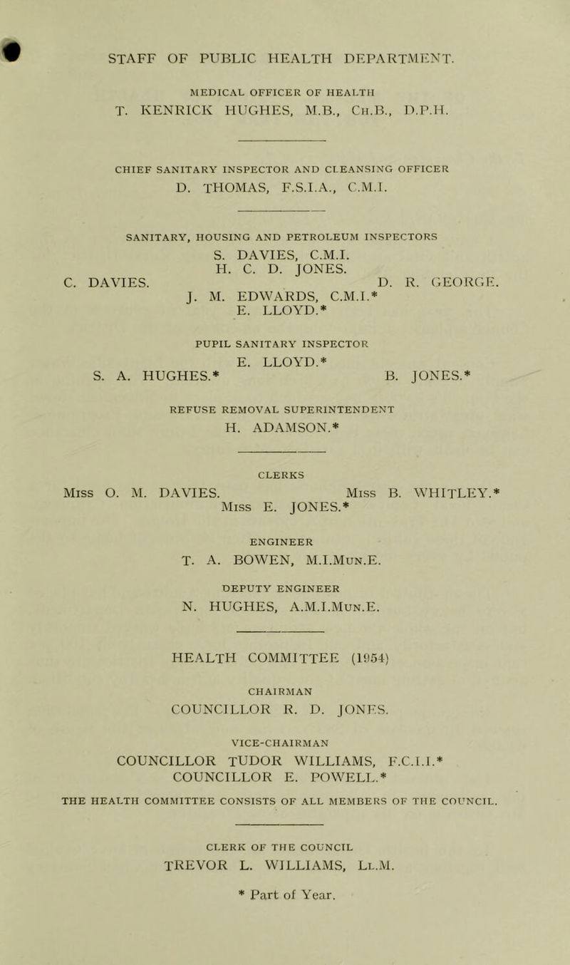STAFF OF PUBLIC HEALTH DEPARTMENT. MEDICAL OFFICER OF HEALTH T. KENRICK HUGHES, M.B., Cii.B., D.P.H. CHIEF SANITARY INSPECTOR AND CLEANSING OFFICER D. THOMAS, F.S.I.A., C.M.l. SANITARY, HOUSING AND PETROLEUM INSPECTORS S. DAVIES, C.M.l. FI. C. D. JONES. C. DAVIES. D. R. GEORGE. J. M. EDWARDS, C.M.L* E. LLOYD.* PUPIL SANITARY INSPECTOR E. LLOYD.* S. A. HUGHES.* B. JONES.* REFUSE REMOVAL SUPERINTENDENT H. ADAMSON.* CLERKS Miss O. M. DAVIES. Miss B. WHITLEY.* Miss E. JONES.* ENGINEER T. A. BOWEN, M.I.Mun.E. DEPUTY ENGINEER N. HUGHES, A.M.I.Mun.E. health committee (B)54) chairman COUNCILLOR R. D. JONES. vice-chairman COUNCILLOR TUDOR WILLIAMS, F.C.I.I.* COUNCILLOR E. POWELL.* THE HEALTH COMMITTEE CONSISTS OF -\LL MEMBERS OF THE COL^NCIL. CLERK OF THE COUNCIL TREVOR L. WILLIAMS. Ll.M. * Part of Year.