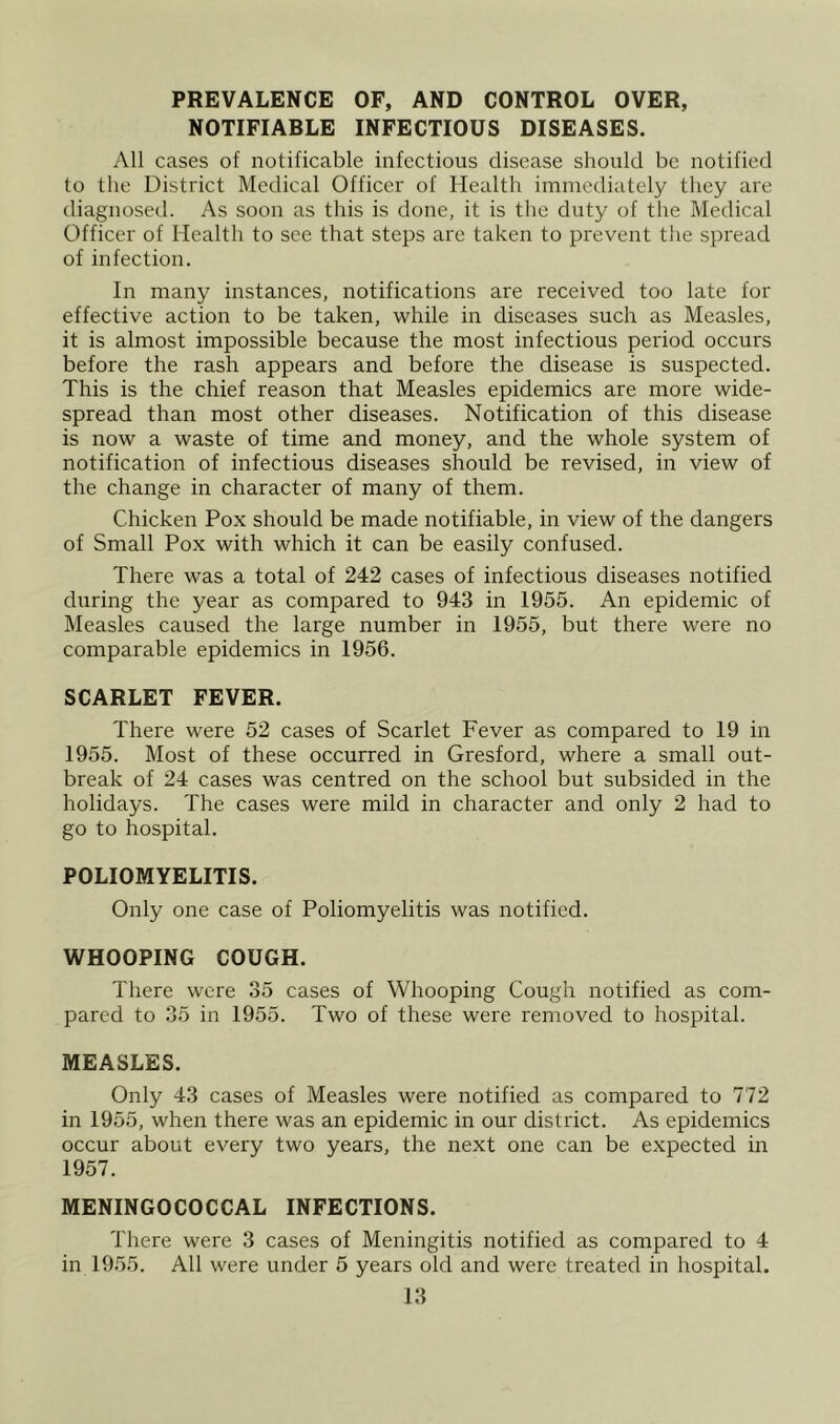 PREVALENCE OF, AND CONTROL OVER, NOTIFIABLE INFECTIOUS DISEASES. All cases of notificable infectious disease should be notified to the District Medical Officer of Health immediately they are diagnosed. As soon as this is done, it is the duty of the Medical Officer of Health to see that steps are taken to prevent the spread of infection. In many instances, notifications are received too late for effective action to be taken, while in diseases such as Measles, it is almost impossible because the most infectious period occurs before the rash appears and before the disease is suspected. This is the chief reason that Measles epidemics are more wide- spread than most other diseases. Notification of this disease is now a waste of time and money, and the whole system of notification of infectious diseases should be revised, in view of the change in character of many of them. Chicken Pox should be made notifiable, in view of the dangers of Small Pox with which it can be easily confused. There was a total of 242 cases of infectious diseases notified during the year as compared to 943 in 1955. An epidemic of Measles caused the large number in 1955, but there were no comparable epidemics in 1956. SCARLET FEVER. There were 52 cases of Scarlet Fever as compared to 19 in 1955. Most of these occurred in Gresford, where a small out- break of 24 cases was centred on the school but subsided in the holidays. The cases were mild in character and only 2 had to go to hospital. POLIOMYELITIS. Only one case of Poliomyelitis was notified. WHOOPING COUGH. There were 35 cases of Whooping Cough notified as com- pared to 35 in 1955. Two of these were removed to hospital. MEASLES. Only 43 cases of Measles were notified as compared to 772 in 1955, when there was an epidemic in our district. As epidemics occur about every two years, the next one can be expected in 1957. MENINGOCOCCAL INFECTIONS. There were 3 cases of Meningitis notified as compared to 4 in 1955. All were under 5 years old and were treated in hospital.