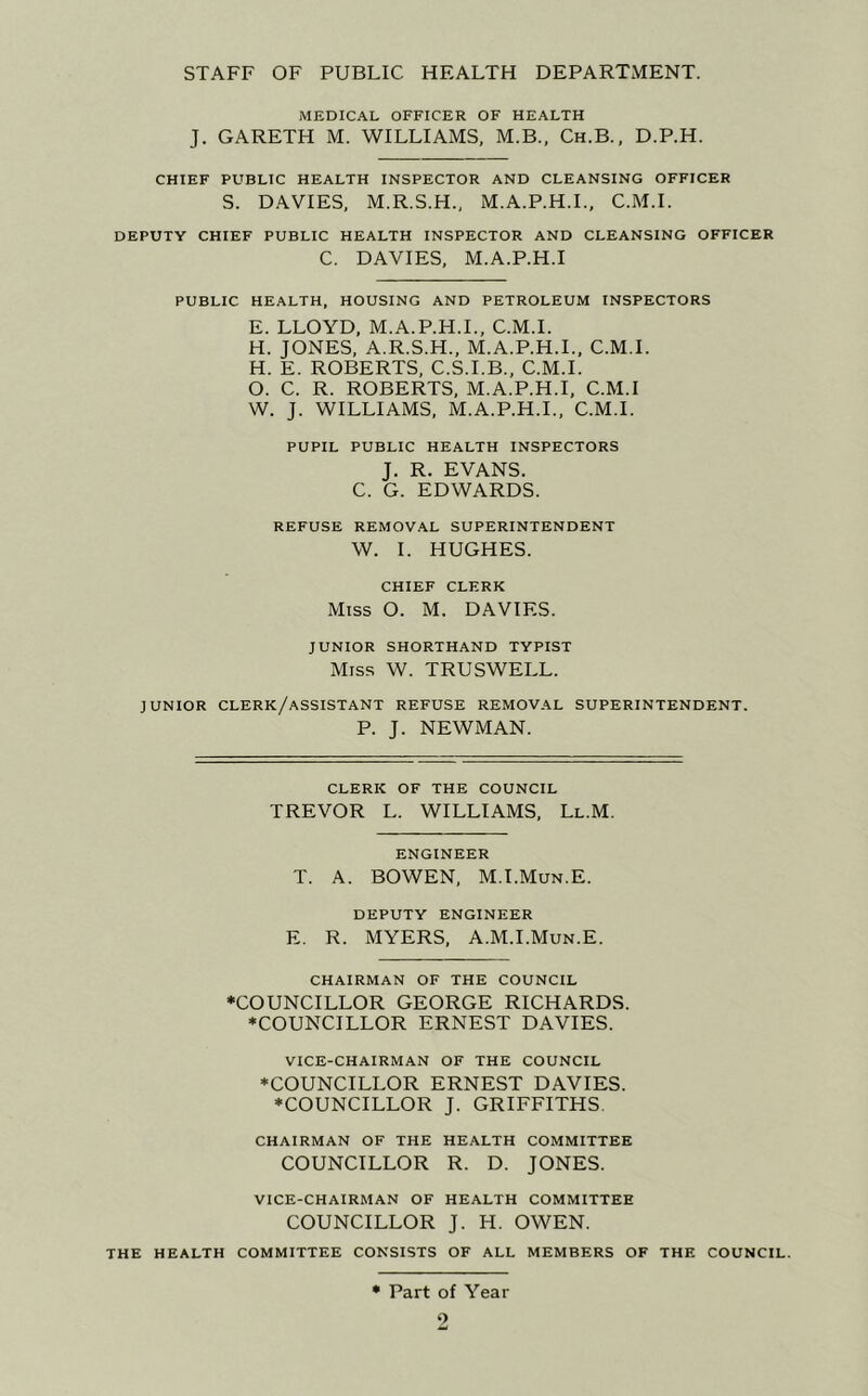STAFF OF PUBLIC HEALTH DEPARTMENT. MEDICAL OFFICER OF HEALTH J. GARETH M. WILLIAMS, M.B., Ch.B., D.P.H. CHIEF PUBLIC HEALTH INSPECTOR AND CLEANSING OFFICER S. DAVIES, M.R.S.H., M.A.P.H.L, C.M.I. DEPUTY CHIEF PUBLIC HEALTH INSPECTOR AND CLEANSING OFFICER C. DAVIES, M.A.P.H.I PUBLIC HEALTH, HOUSING AND PETROLEUM INSPECTORS E. LLOYD, M.A.P.H.L, C.M.I. H. JONES, A.R.S.H., M.A.P.H.I., C.M.I. H. E. ROBERTS, C.S.I.B., C.M.I. O. C. R. ROBERTS, M.A.P.H.I, C.M.I W. J. WILLIAMS, M.A.P.H.I., C.M.I. PUPIL PUBLIC HEALTH INSPECTORS J. R. EVANS. C. G. EDWARDS. REFUSE REMOVAL SUPERINTENDENT W. I. HUGHES. CHIEF CLERK Miss O. M. DAVIES. JUNIOR SHORTHAND TYPIST Miss W. TRUSWELL. JUNIOR clerk/assistant REFUSE REMOVAL SUPERINTENDENT. P. J. NEWMAN. CLERK OF THE COUNCIL TREVOR L. WILLIAMS, Ll.M. ENGINEER T. A. BOWEN, M.I.Mun.E. DEPUTY ENGINEER E. R. MYERS, A.M.I.Mun.E. CHAIRMAN OF THE COUNCIL ♦COUNCILLOR GEORGE RICHARDS. ♦COUNCILLOR ERNEST DAVIES. VICE-CHAIRMAN OF THE COUNCIL ♦COUNCILLOR ERNEST DAVIES. ♦COUNCILLOR J. GRIFFITHS. CHAIRMAN OF THE HEALTH COMMITTEE COUNCILLOR R. D. JONES. VICE-CHAIRMAN OF HEALTH COMMITTEE COUNCILLOR J. H. OWEN. THE HEALTH COMMITTEE CONSISTS OF ALL MEMBERS OF THE COUNCIL. ♦ Part of Year 0
