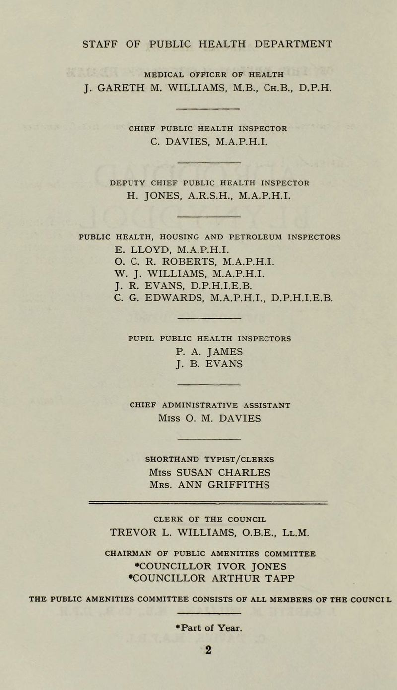 STAFF OF PUBLIC HEALTH DEPARTMENT MEDICAL OFFICER OF HEALTH J. GARETH M. WILLIAMS, M.B., Ch.B., D.P.H. CHIEF PUBLIC HEALTH INSPECTOR C. DAVIES, M.A.P.H.I. DEPUTY CHIEF PUBLIC HEALTH INSPECTOR H. JONES, A.R.S.H., M.A.P.H.I. PUBLIC HEALTH, HOUSING AND PETROLEUM INSPECTORS E. LLOYD, M.A.P.H.I. O. C. R. ROBERTS. M.A.P.H.I. W. J. WILLIAMS, M.A.P.H.I. J. R. EVANS, D.P.H.I.E.B. C. G. EDWARDS, M.A.P.H.I., D.P.H.I.E.B. PUPIL PUBLIC HEALTH INSPECTORS P. A. JAMES J. B. EVANS CHIEF ADMINISTRATIVE ASSISTANT Miss O. M. DAVIES SHORTHAND TYPIST/CLERKS Miss SUSAN CHARLES Mrs. ANN GRIFFITHS CLERK OF THE COUNCIL TREVOR L. WILLIAMS. O.B.E., Ll.M. CHAIRMAN OF PUBLIC AMENITIES COMMITTEE •COUNCILLOR IVOR JONES •COUNCILLOR ARTHUR TAPP THE PUBLIC AMENITIES COMMITTEE CONSISTS OF ALL MEMBERS OF THE COUNCI L •Part of Year.