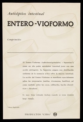 Antiséptico intestinal Entero-Vioformo comprimidos ... : antiespasmódico y analgésico Espasmo-Cibagina ampollas, grageas, supositorios ... / CIBA.