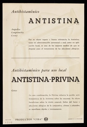 Estimulante respiratorio y circulatorio Coramina ampollas, gotas, comprimidos ... : antihistamínico Antistina ... antihistamínico para uso local Antistina-Privina gotas ... / CIBA.