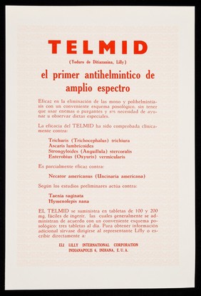 Telmid (Yoduro de Ditiazanina, Lilly) : el primer antihelmintico de amplio espectro / Eli Lilly International Corporation.