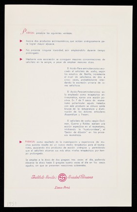 Pabasal : grageas con cubierta enterica : una moderna asociación para la terapeutica antirreumática / Instituto Sanitas Sociedad Peruana.