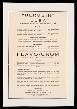 "Berubin", "Lusa" vitamina B12 de acción prolongada ... Flavo-Crom, poderoso hemostático de acción capilar / Laboratorios Unidos S.A.